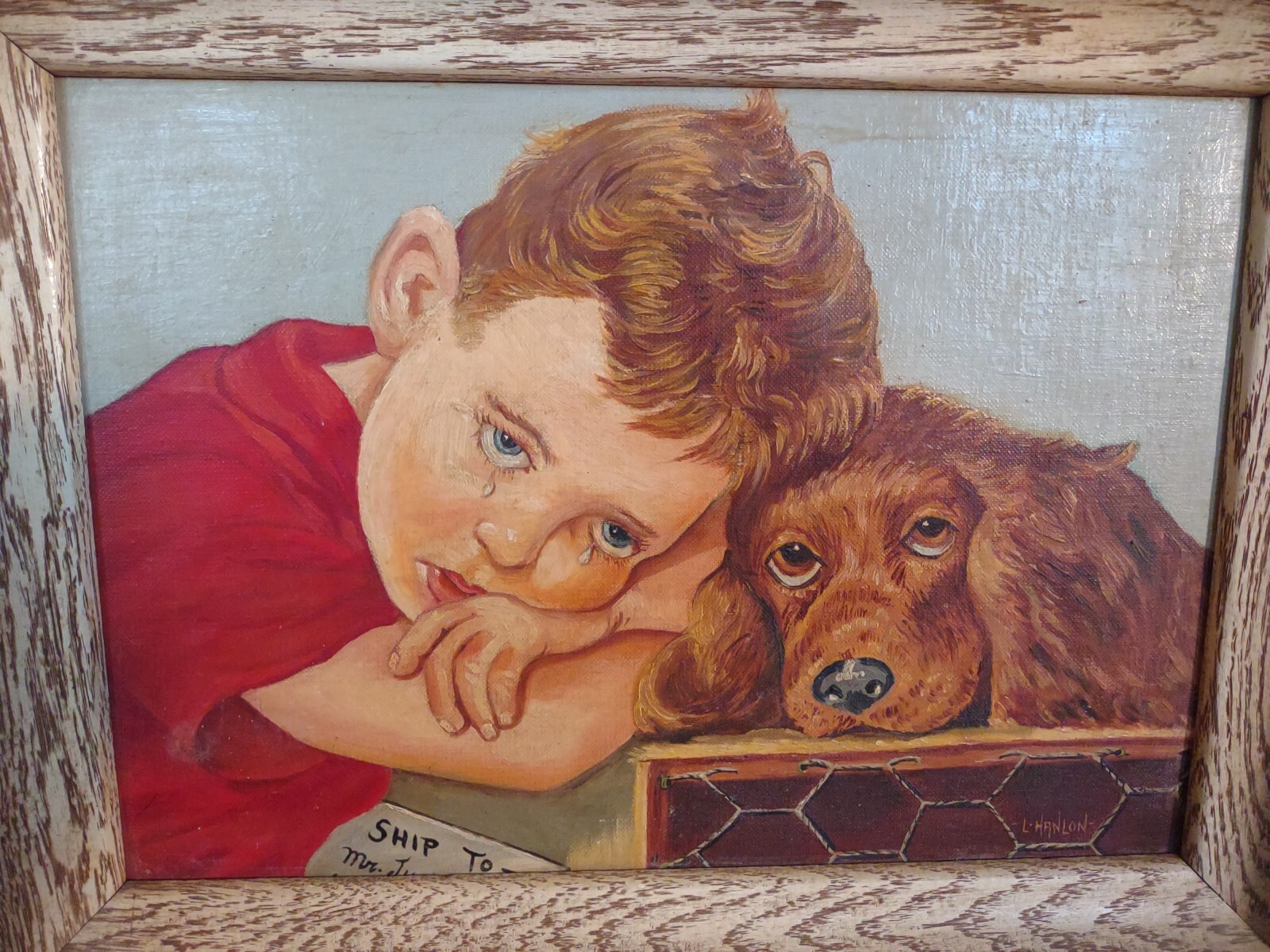 L Hanlon BOY WITH HIS DOG Crying Sold Shipping Away Cocker Spaniel 1950s