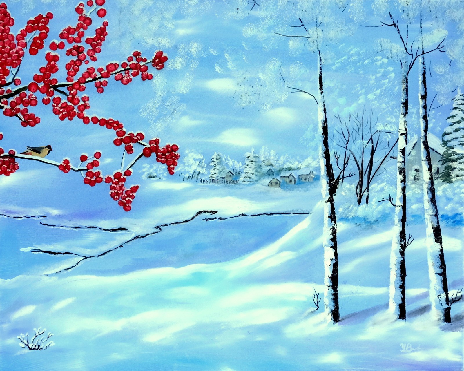 Art, Painting , «Red in The Winter» – Giclee on Canvas 22″x 28″ by Yelena Berzon
