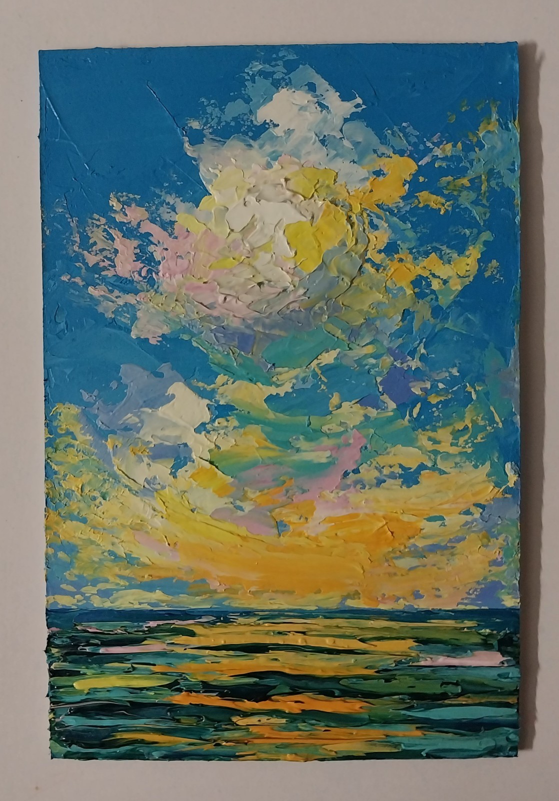 Framed Mini Seascape Golden Sunset Clouds Evening Sea 4×6” Original Oil Painting