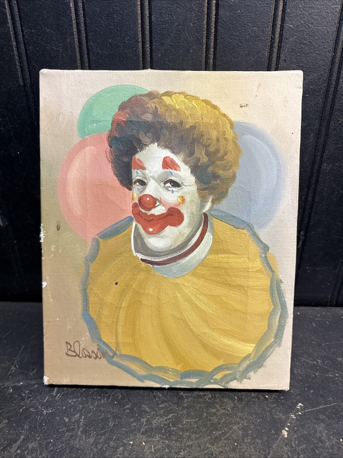Vintage Male Smiling Clown Painting On Canvas Artist Signed art 10in x8in