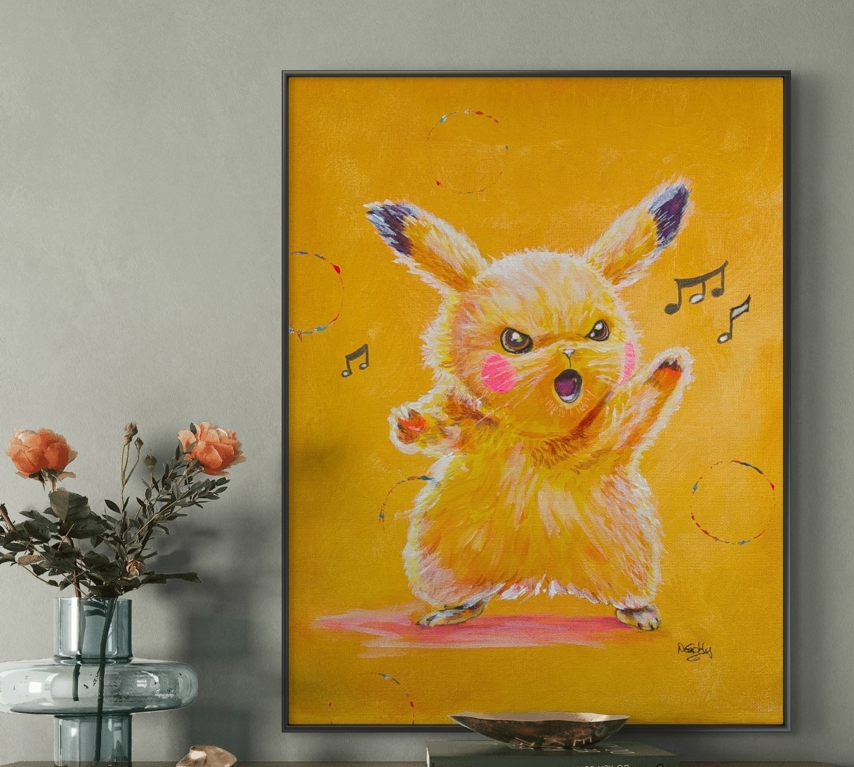 Original 14 x 11 Expressive Pikachu Singing Acrylic Canvas Painting