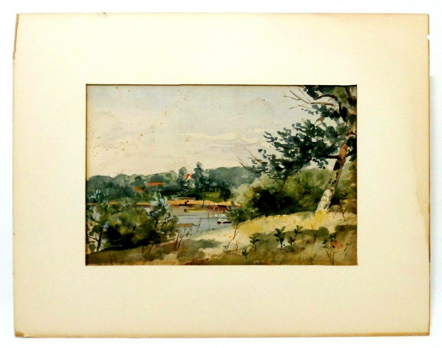 LATE 19TH-EARLY 20TH C AMERICAN VINT UNSIGNED W/C LANDSCAPE, MATTING/INSCRIPTION