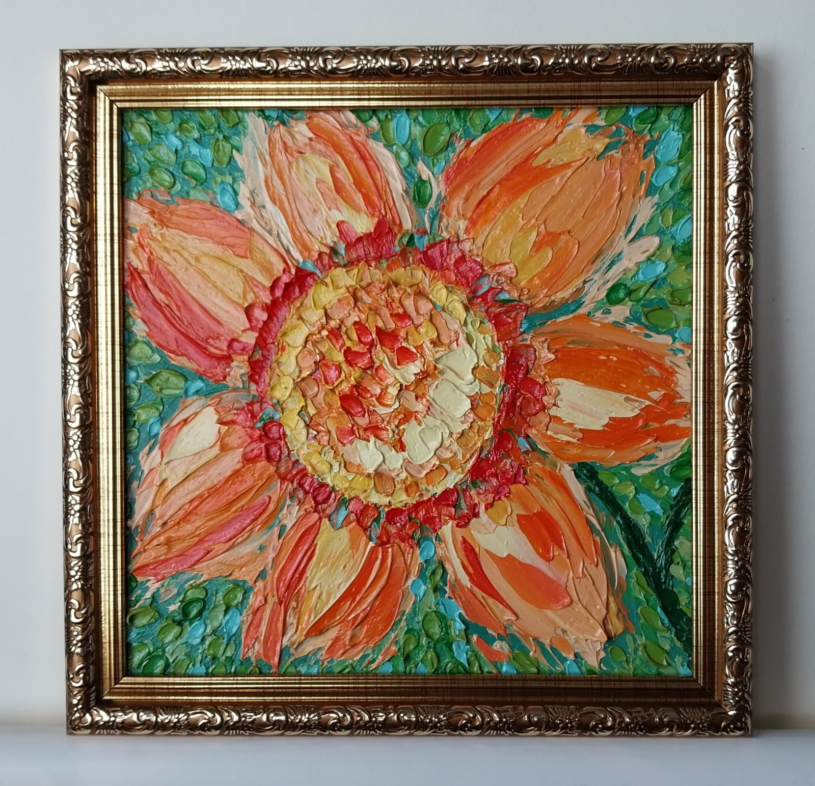 Framed Bright Sunflower Textured Flower Art 8×8” Impasto Oil Painting Original