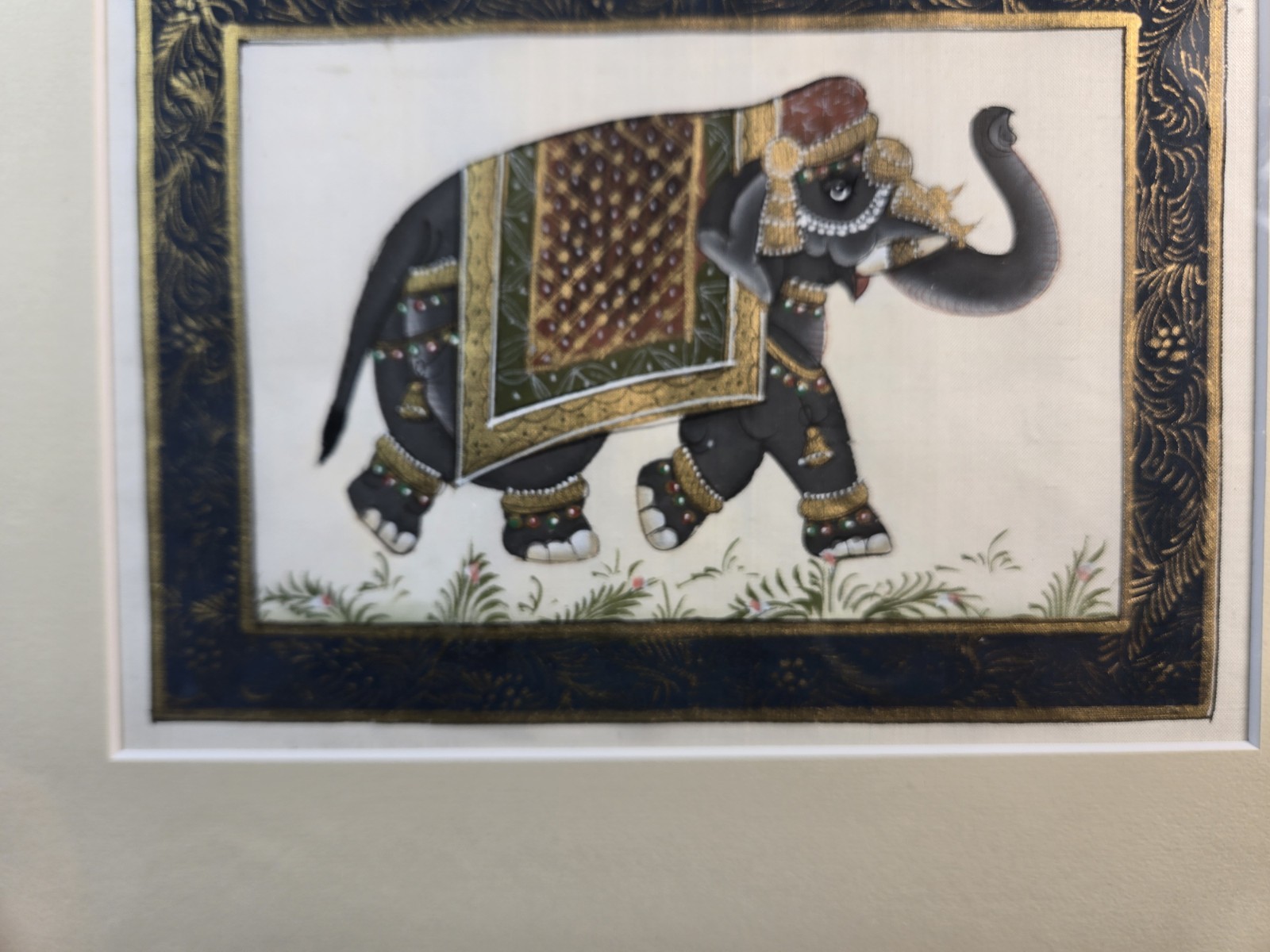 Vintage India Elephant Trunk Up Original Silk Painting on Fabric Hand Painted