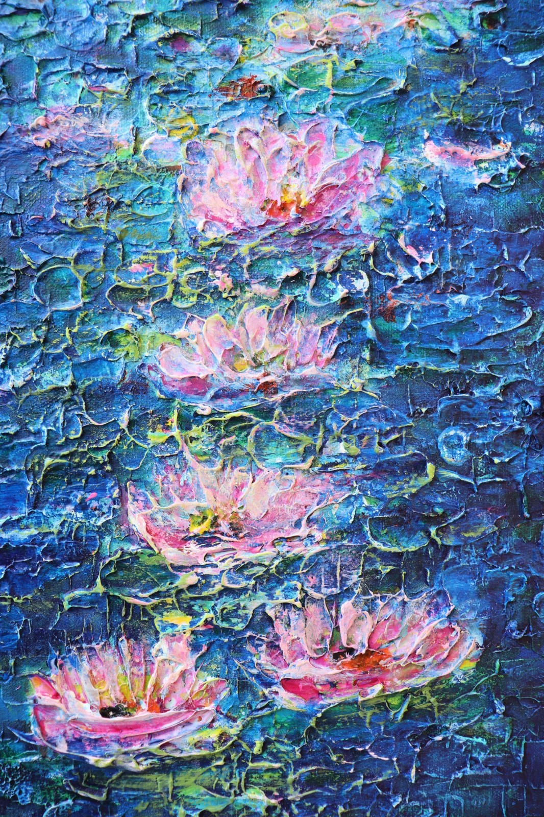 Water Lily Painting 11×14 Original Textured Blue Pond Canvas Art
