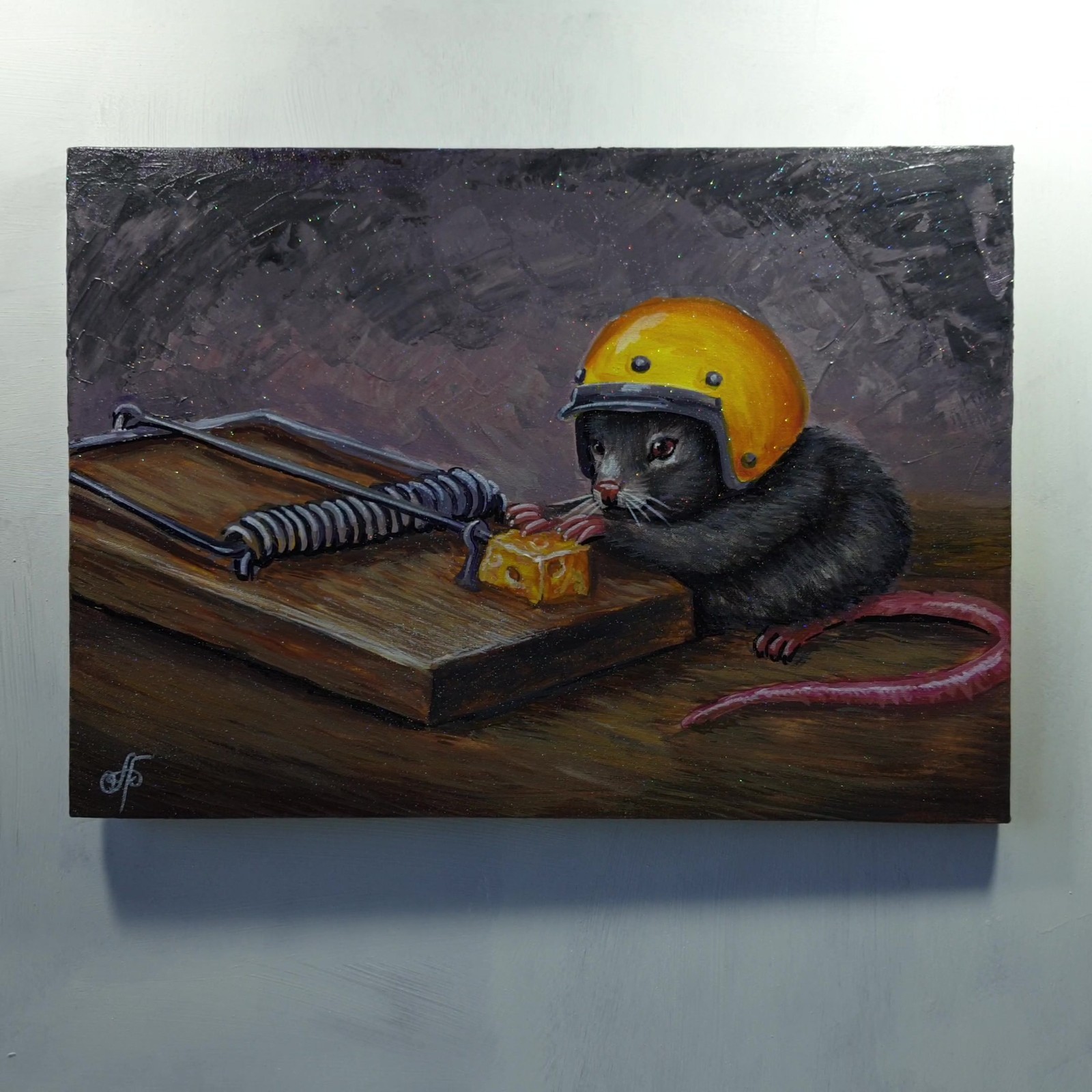 Original Acrylic Painting Mouse Yellow Helmet Cheese Trap Canvas Humor Wall Art