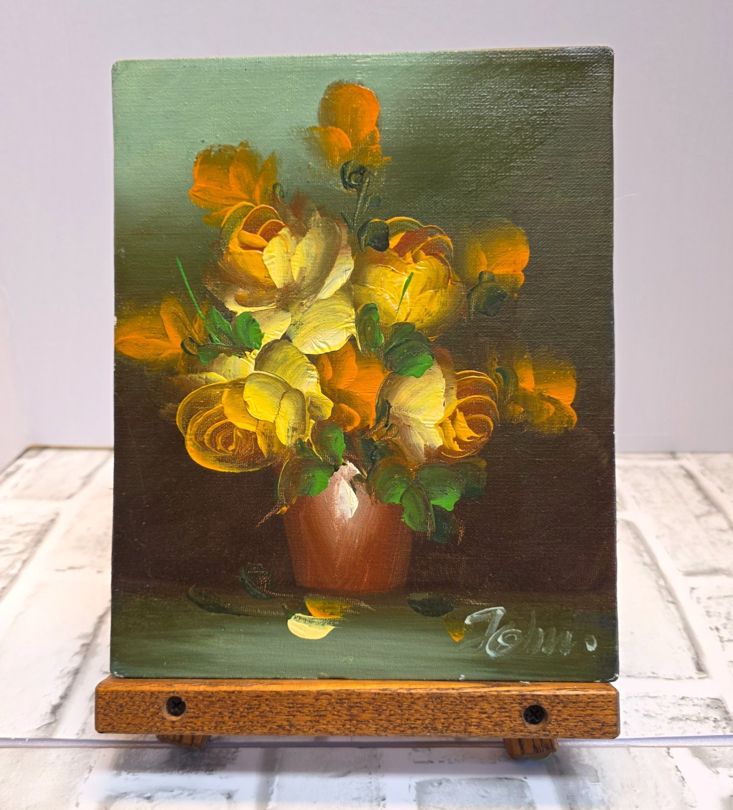 VTG Yellow Rose Floral Still Life Original Oil on 8×10 Canvas Warm Tone Signed