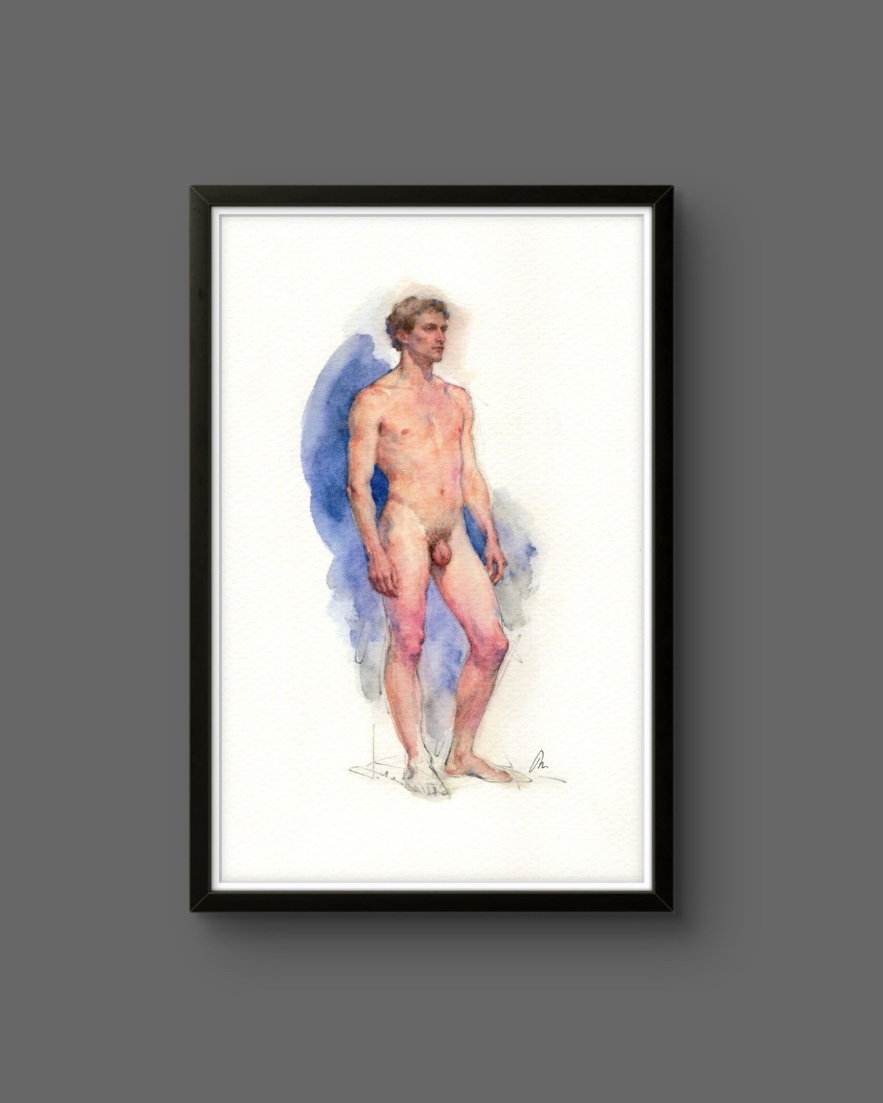 Original Watercolor Painting Classical Male Figure Book Page 5.5 × 8.5 inches)