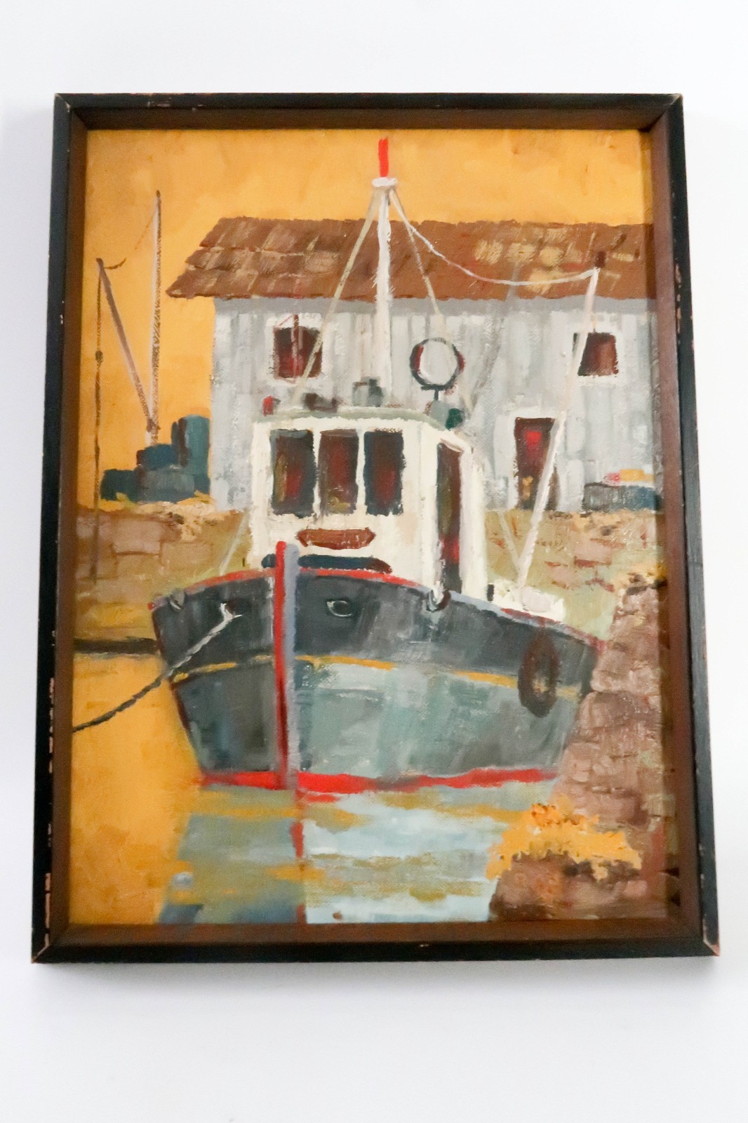 Nautical Oil Painting on Board 9 x 12″ Fishing Boat Moored in Harbor SIGNED