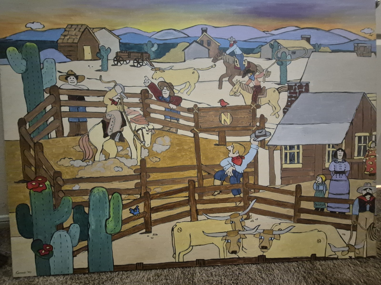 Connie 1970 Signed Western Cowboy Ranch Cattle Horses Folk Art Painting Unframed