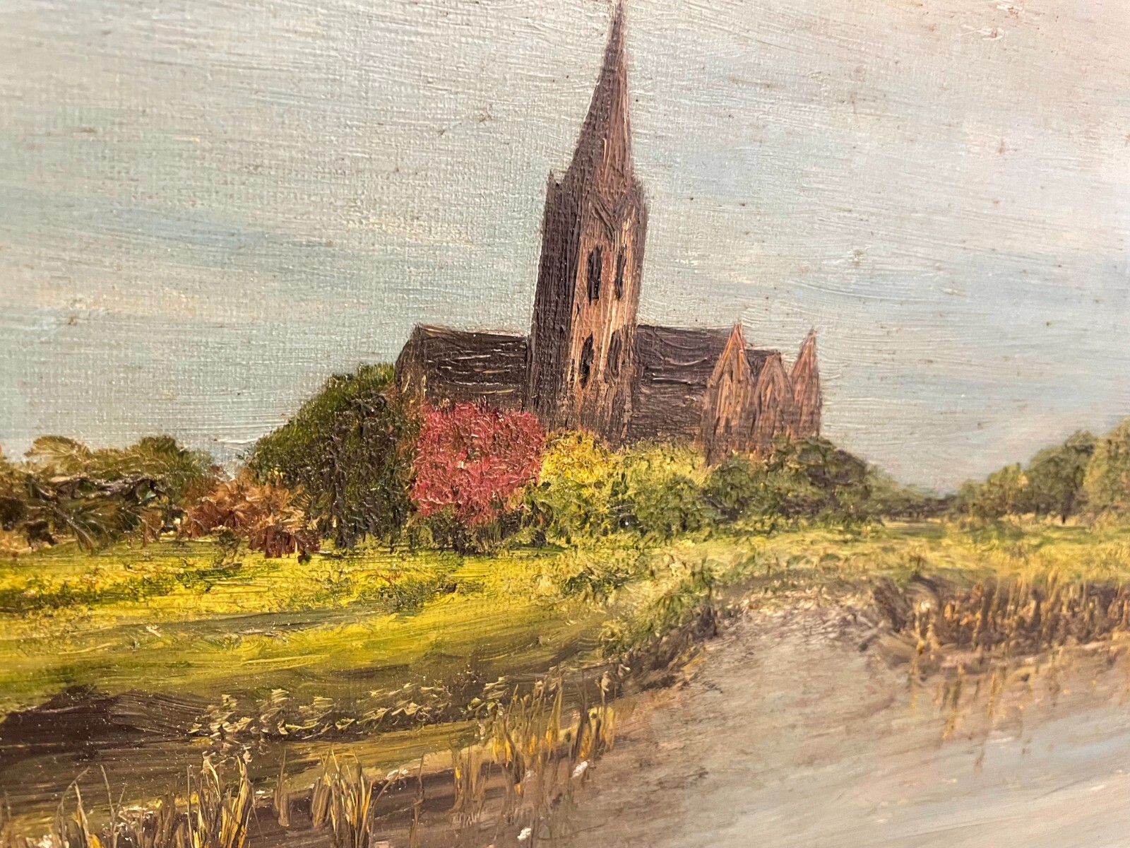 ENA Artist Signed Oil Painting On Masonite Church Country River Framed 27×21″