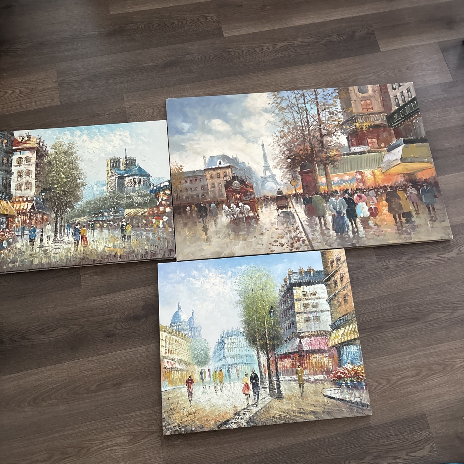 🌹 3 Impressionist style Paris street scene oil paintings. Signed