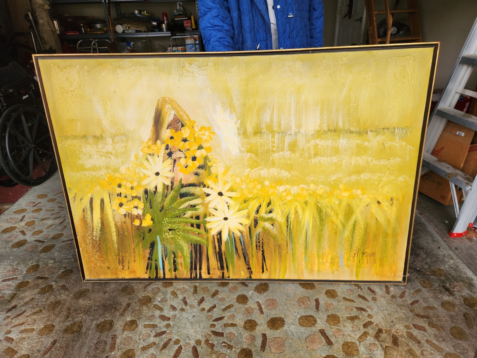 Large Framed ’60s Original Oil Painting Hippie Girl in Flowers Signed by Unknown