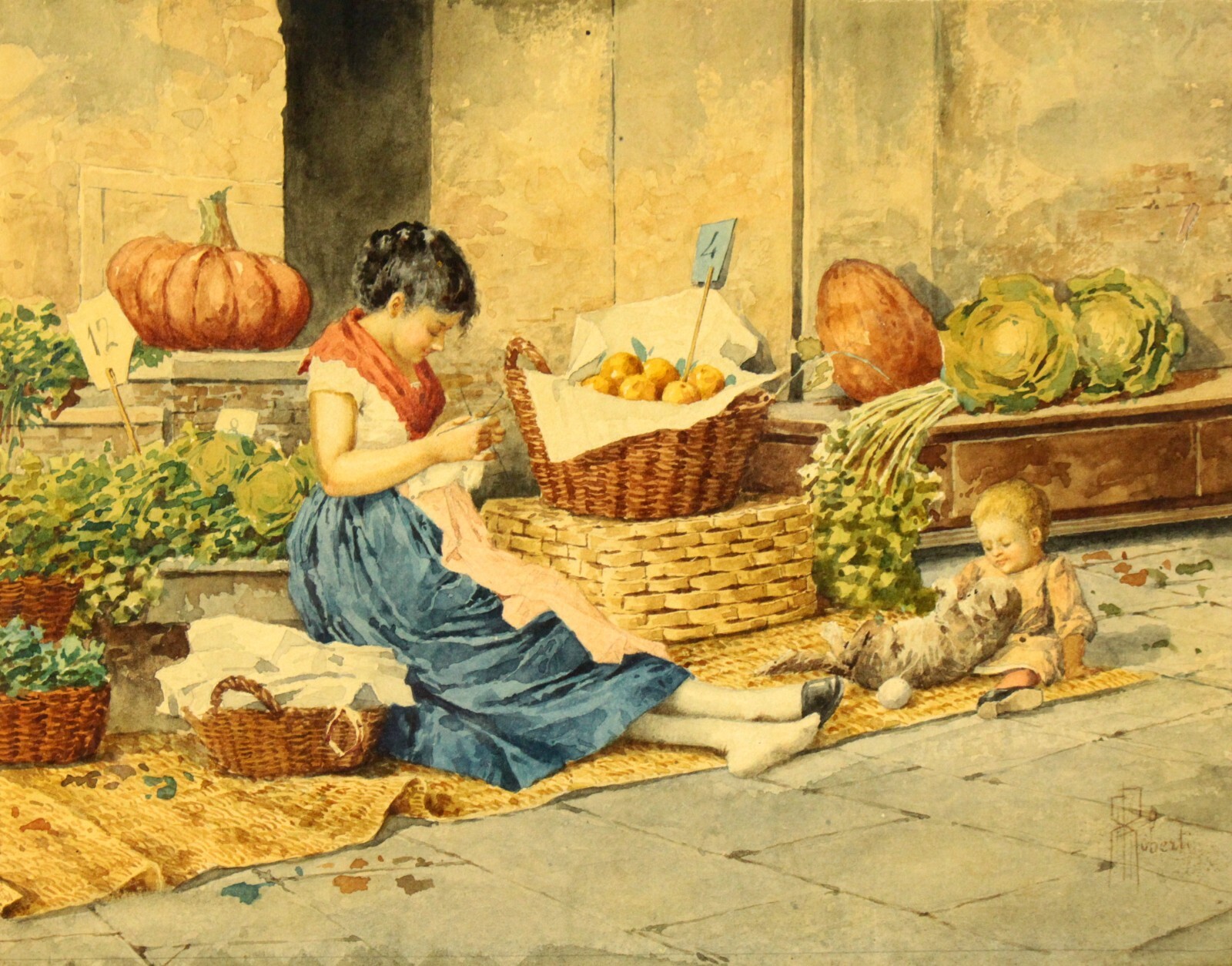 = Albert Roberti, Belgian ( 1811-1864) Watercolor «The Vegetable Seller», Signed