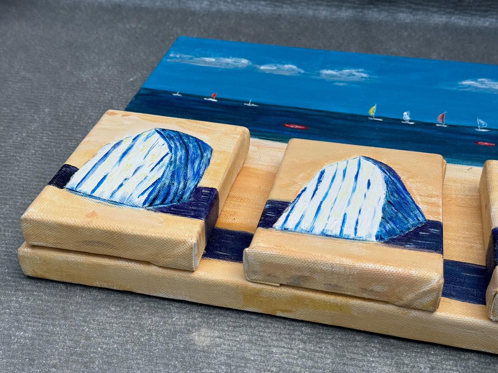 ROL 3D Multi Canvas Beach Seascape Painting Cabanas Sailboats Collage 3-D Ocean
