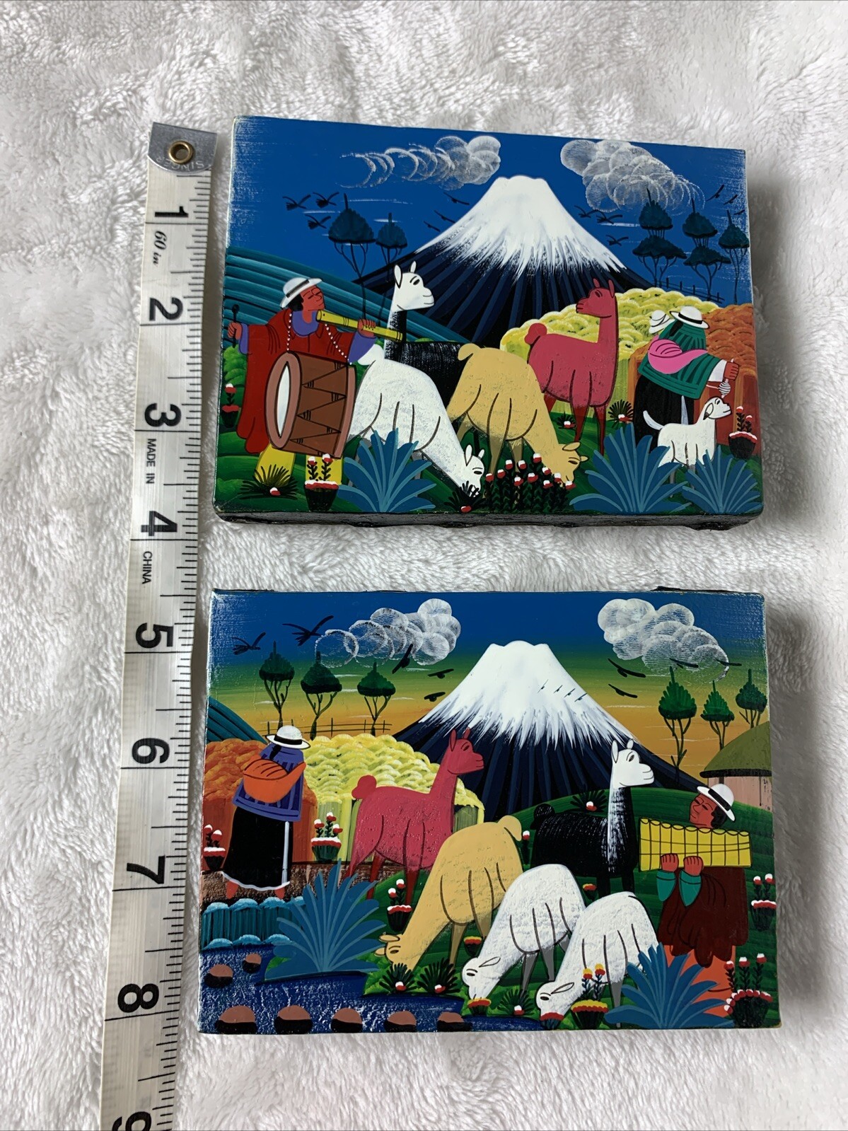 Vintage Cotopaxi Ecuador Mini Paintings Hide Llama Alpaca Signed Pedro Vega Pair