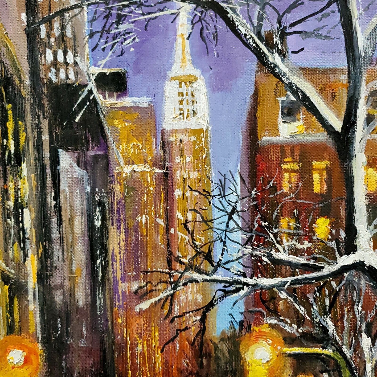 YARY DLUHOS New York City Street NYC Winter Snow Lights Original Oil Painting