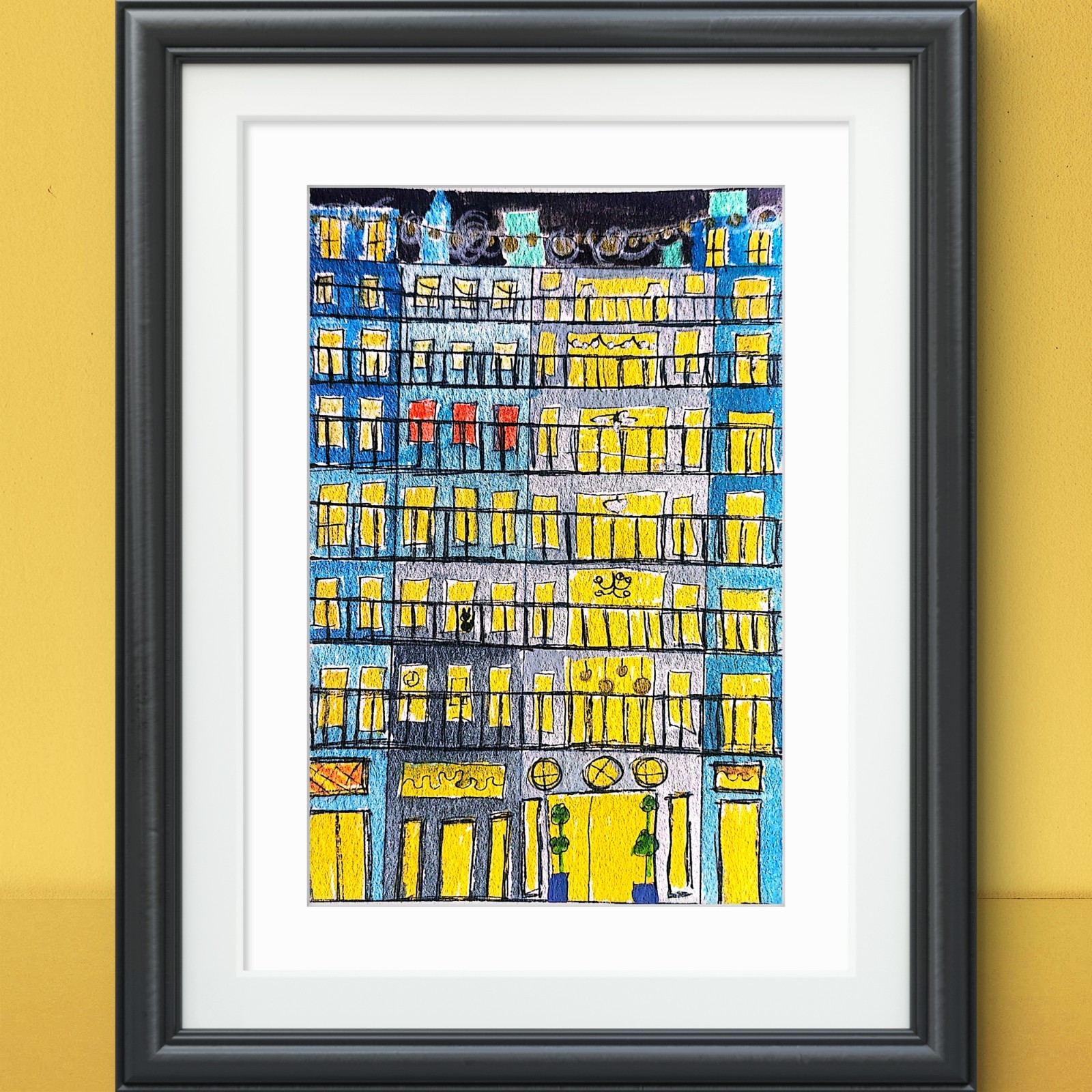 Apartment Building Nocturne Original Expressionism Watercolor Paper 5×7 Signed