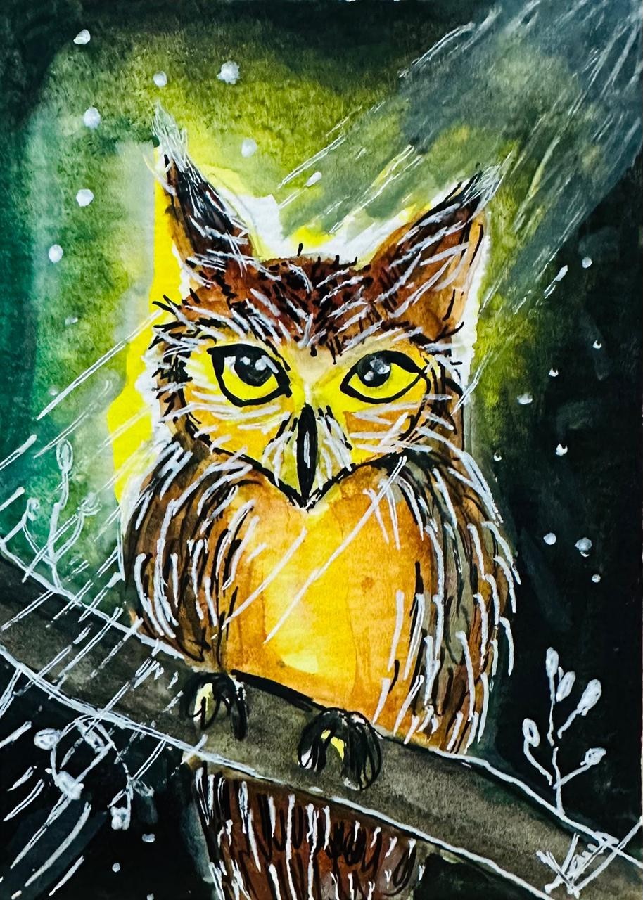 ACEO Original Acrylic Painting Golden Owl Night Forest Miniature Collectible Art