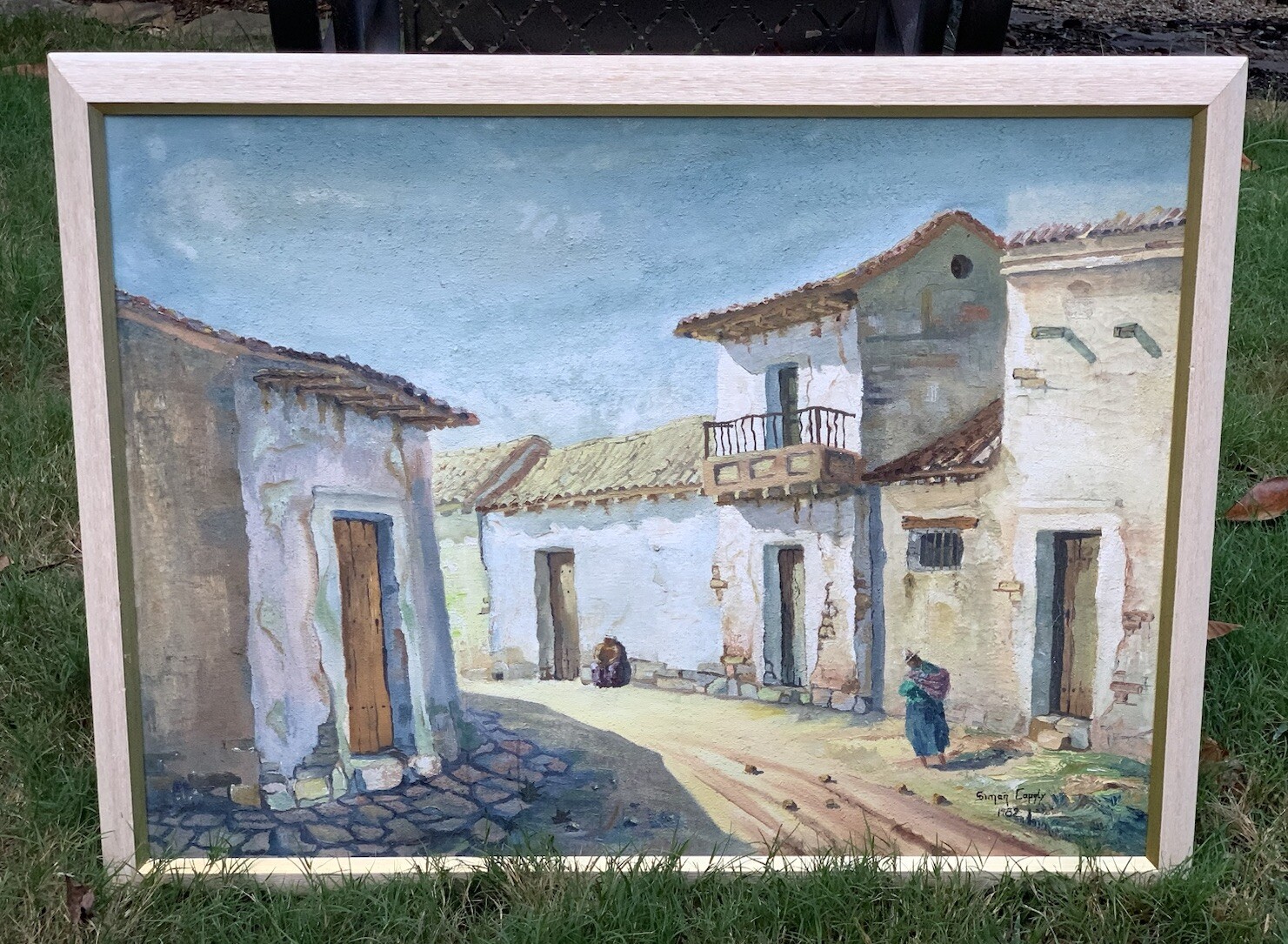 Vtg ‘82 Signed Simon Cupaly Architectural Town City Canvas FRAMED 26.5”T 34.75”W