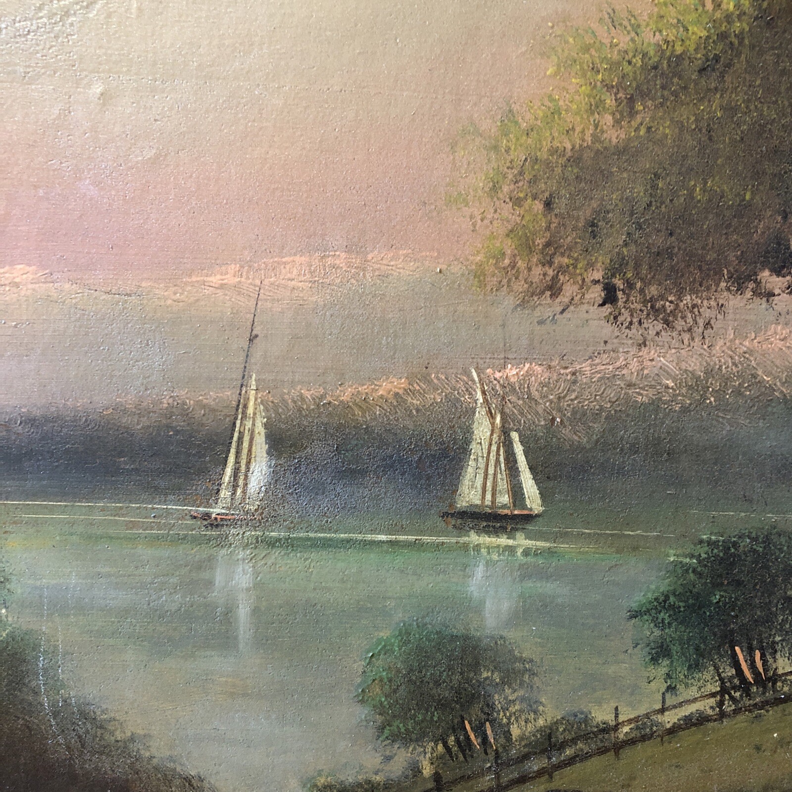 Mid Century Oil On Masonite Country Lake Painting 24“ X 40“￼
