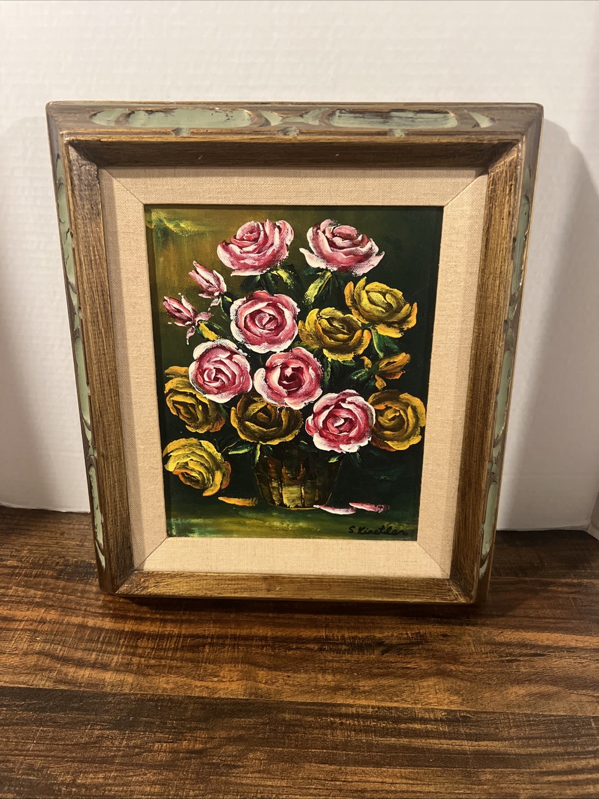 Oil painting bouquet of pink and yellow roses vase Signed