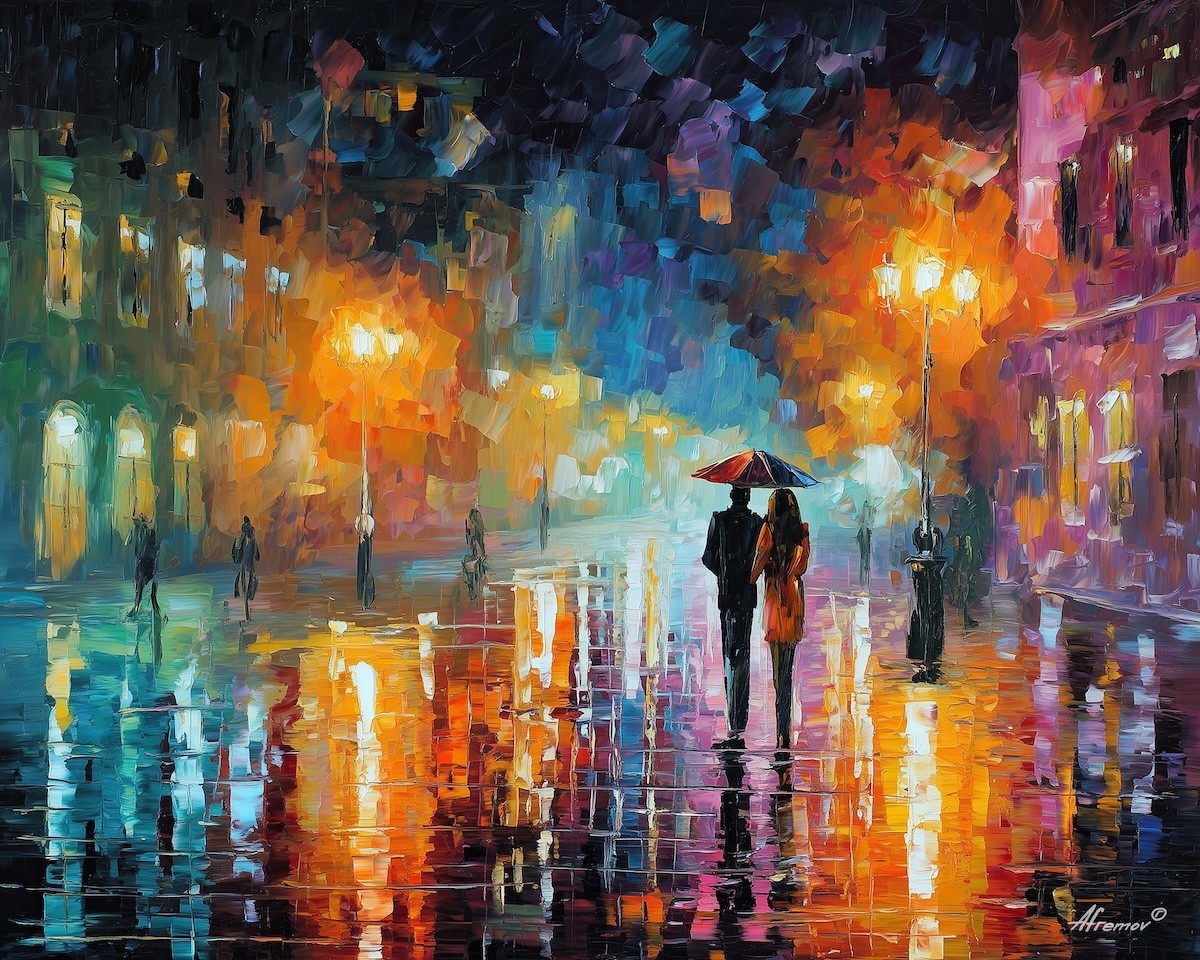 Leonid Afremov URBAN NIGHT RAIN Oil Painting 40″x32″ by Official Studio GICLEE