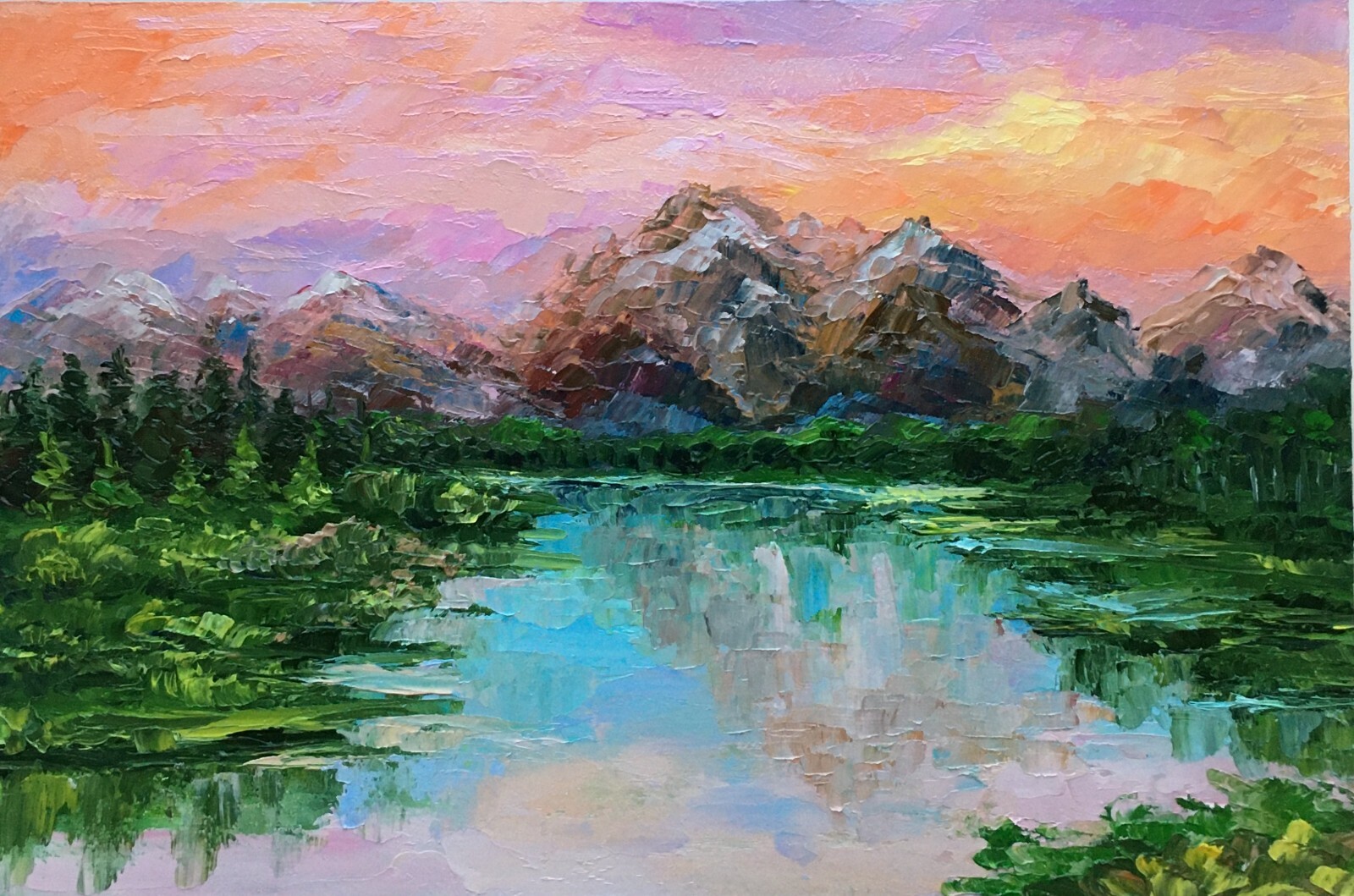 Original oil painting Mountain Lake Art Grand Teton National Park landscape art