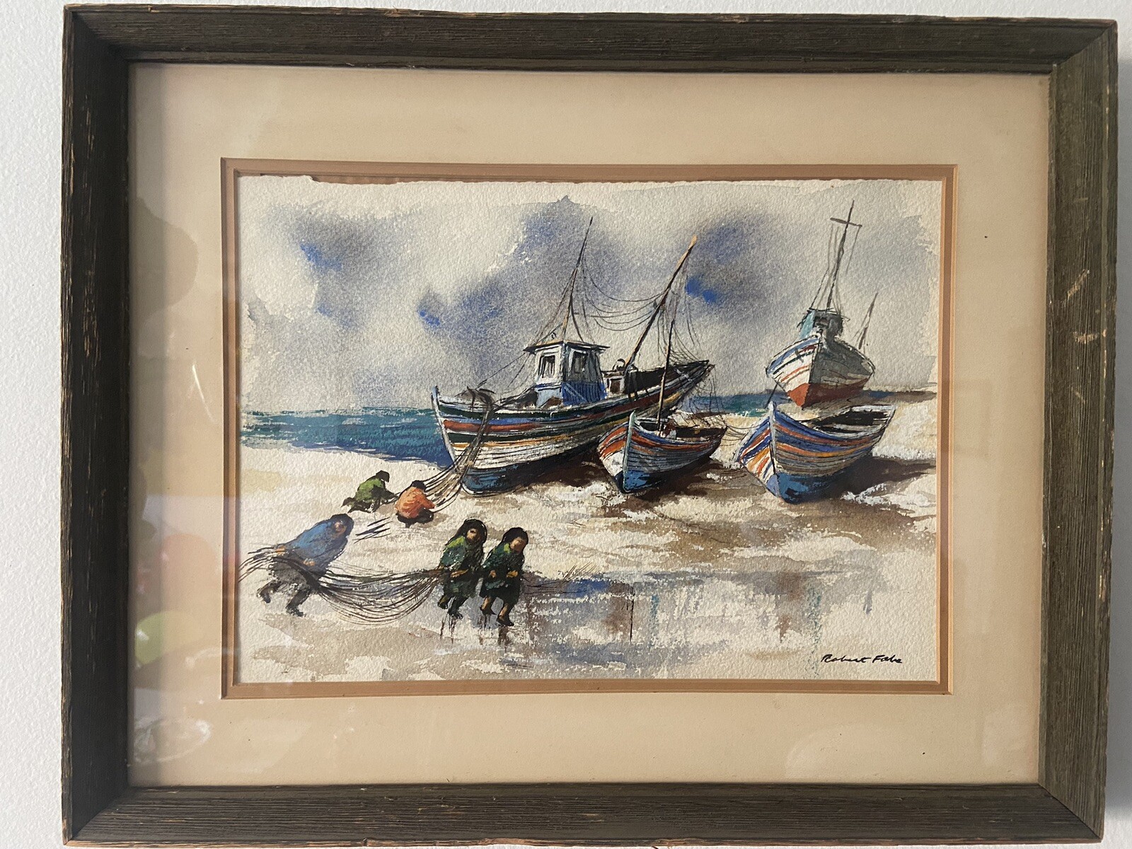 Robert Fabe (American 1917-2004) “FISHERMEN OF NAZARE” Watercolor, signed LR