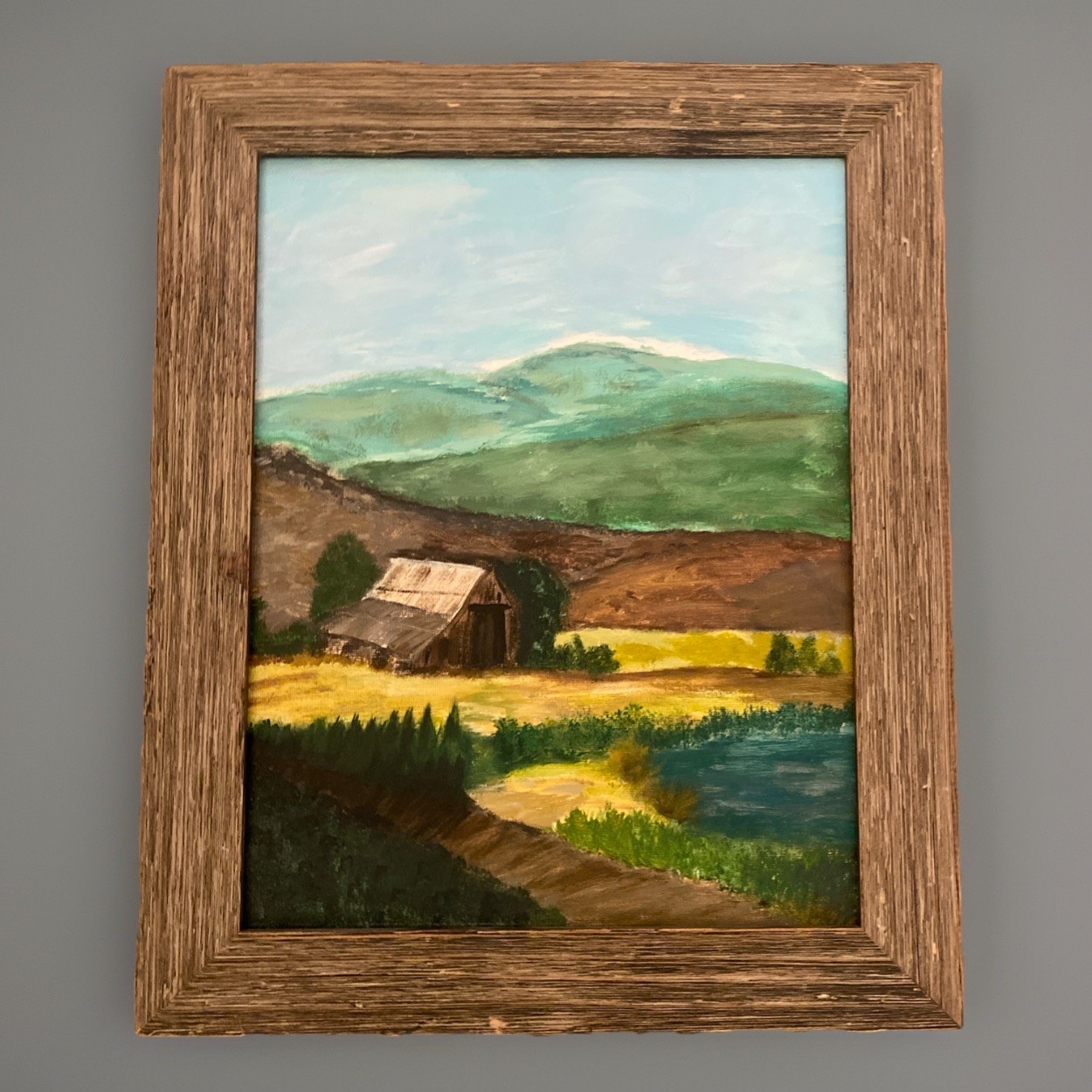 Vintage Oil Painting Farm Folk Primitive Barn Mountains 17” X 14” Framed