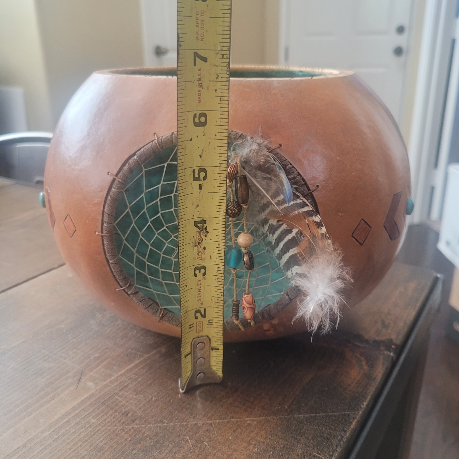 Southwestern Hand Painted Gourd Native American Turquoise Feathers Beads Signed