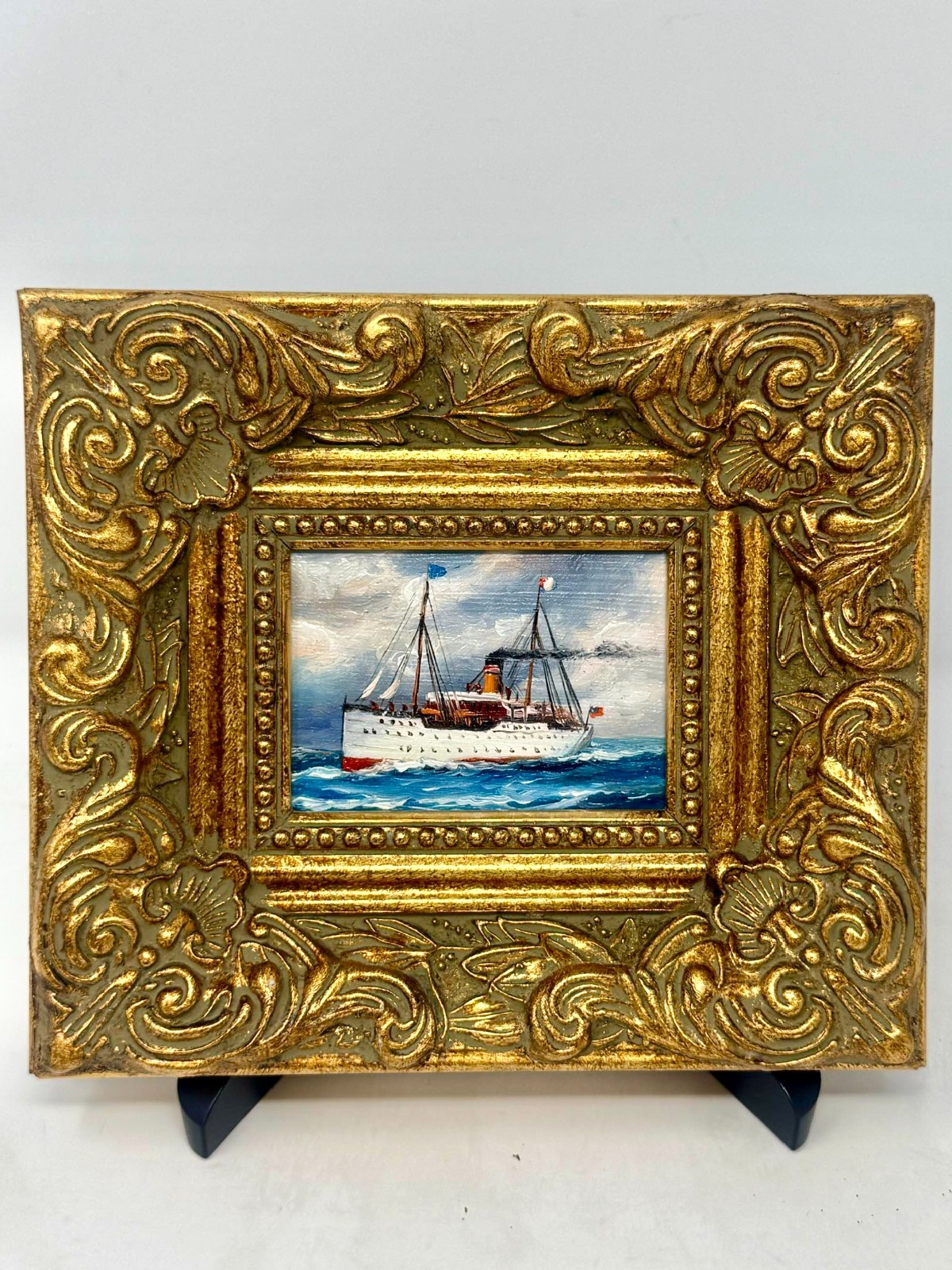 Vintage Mini Steamship Painting Gold Frame 8×7