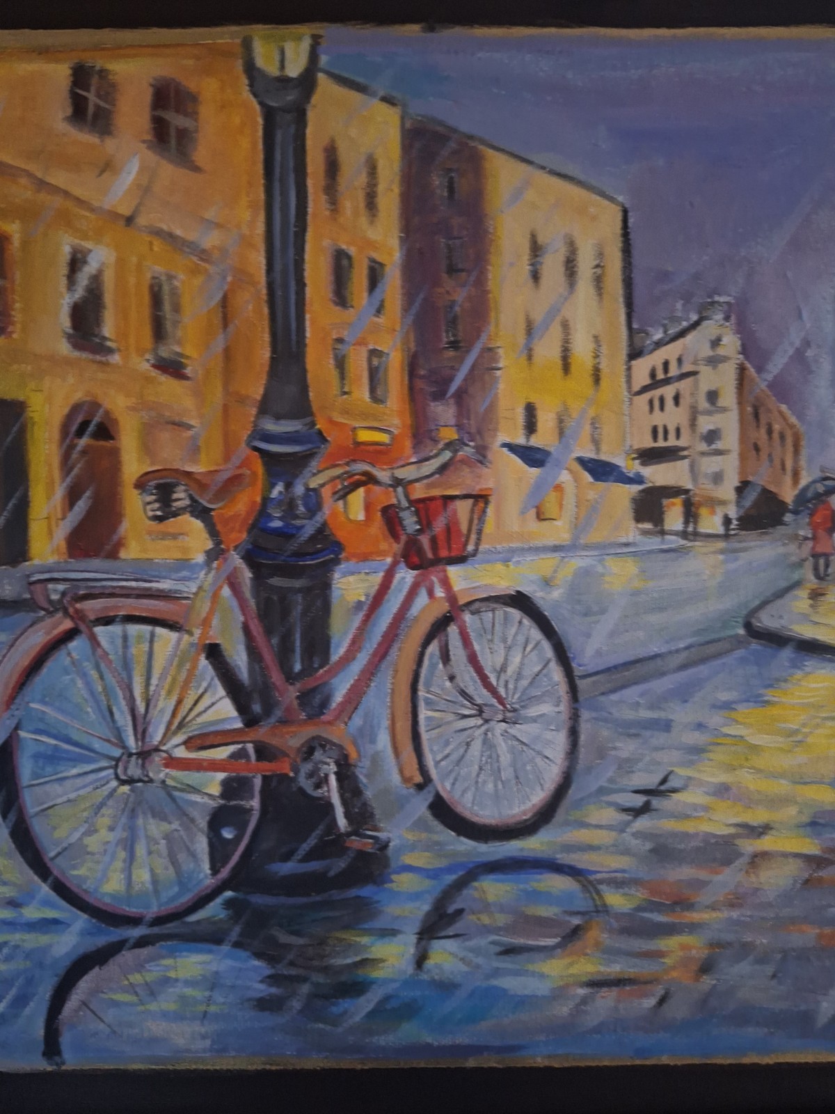 Original Painting 12×12 Rainy Bicycle Acrylic Canvas Signed Contemporary Decor