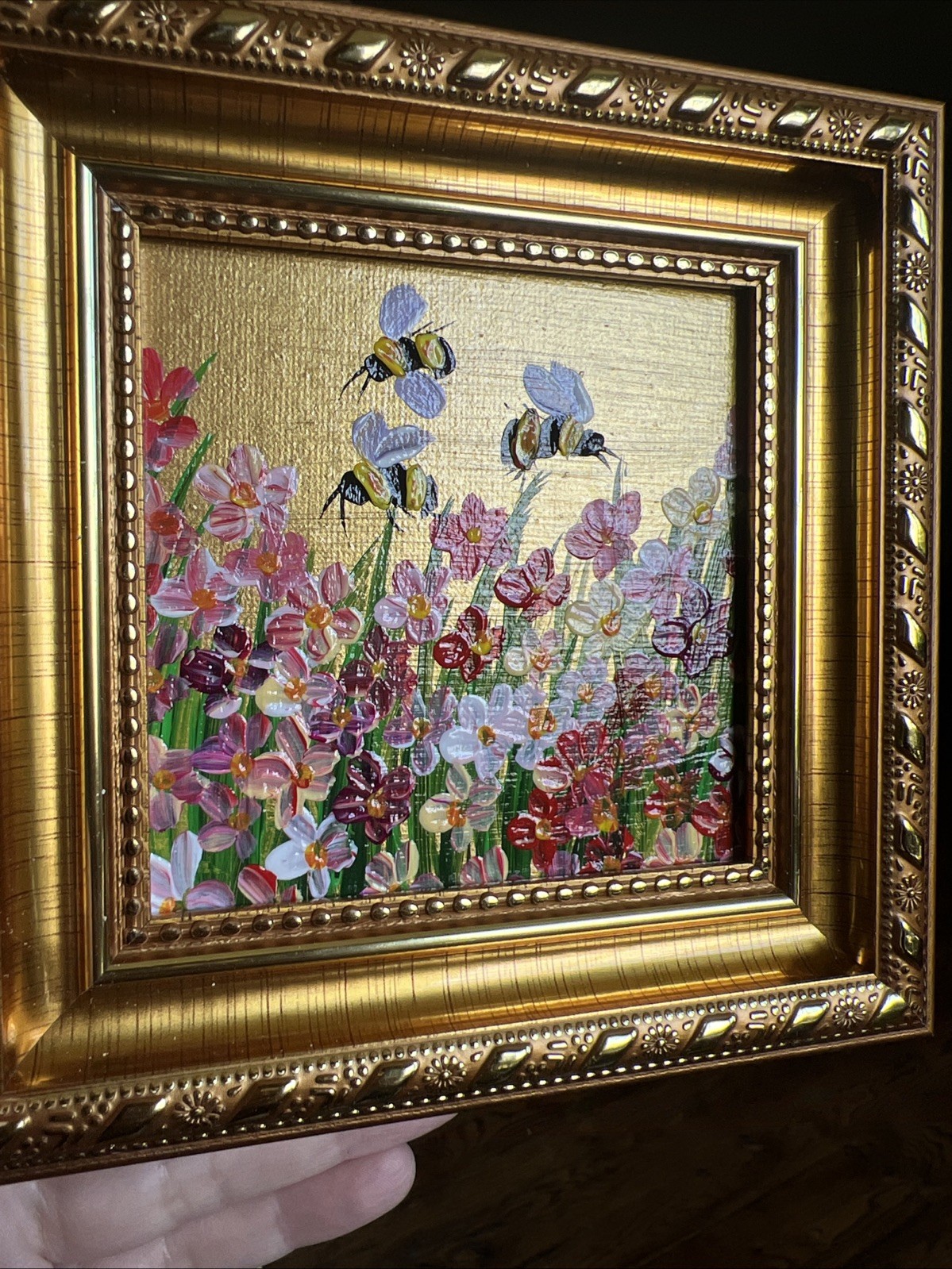 Bee, Honeybee Wild flowers, original,miniature Painting,small,mini, Framed
