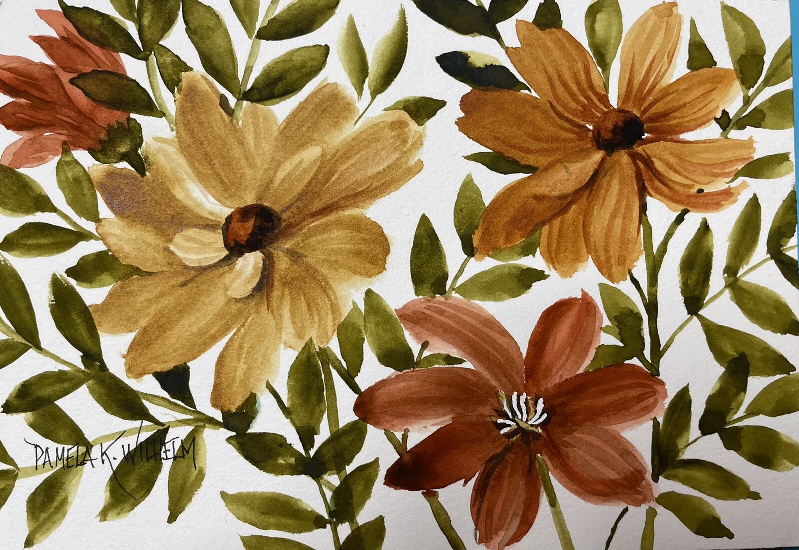 Pamela Wilhelm Watercolor 5”x7” Original Summer Garden Daisies Rust Gold Browns