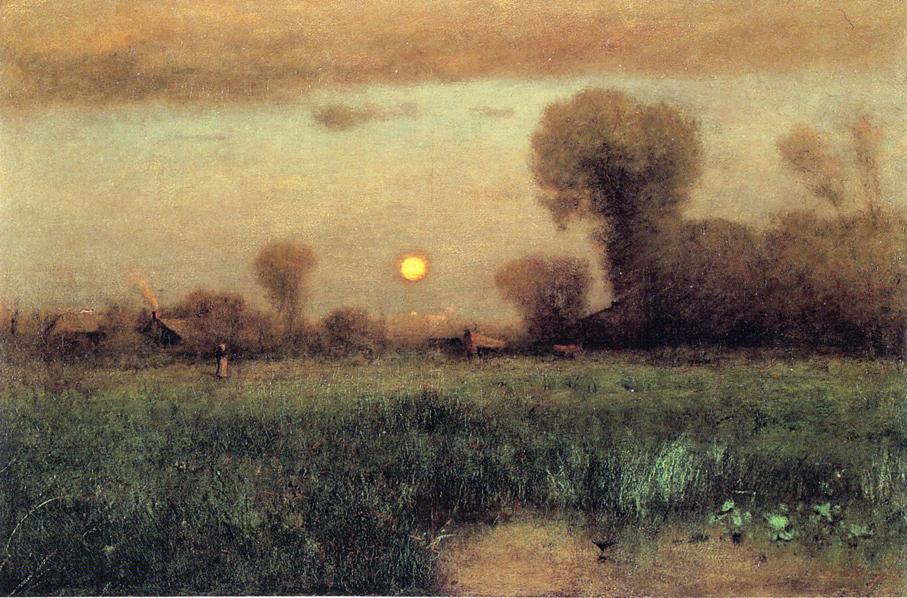 Art Oil painting George-Inness-Harvest-Moon landscape with village figure