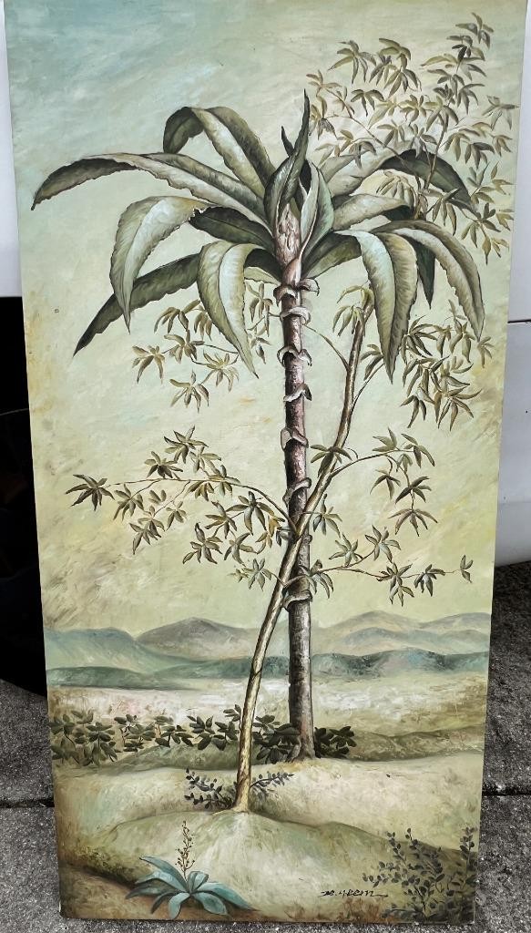 Tropical Palm Tree Landscape Oil Painting Mountains Green Trees Artist Signed