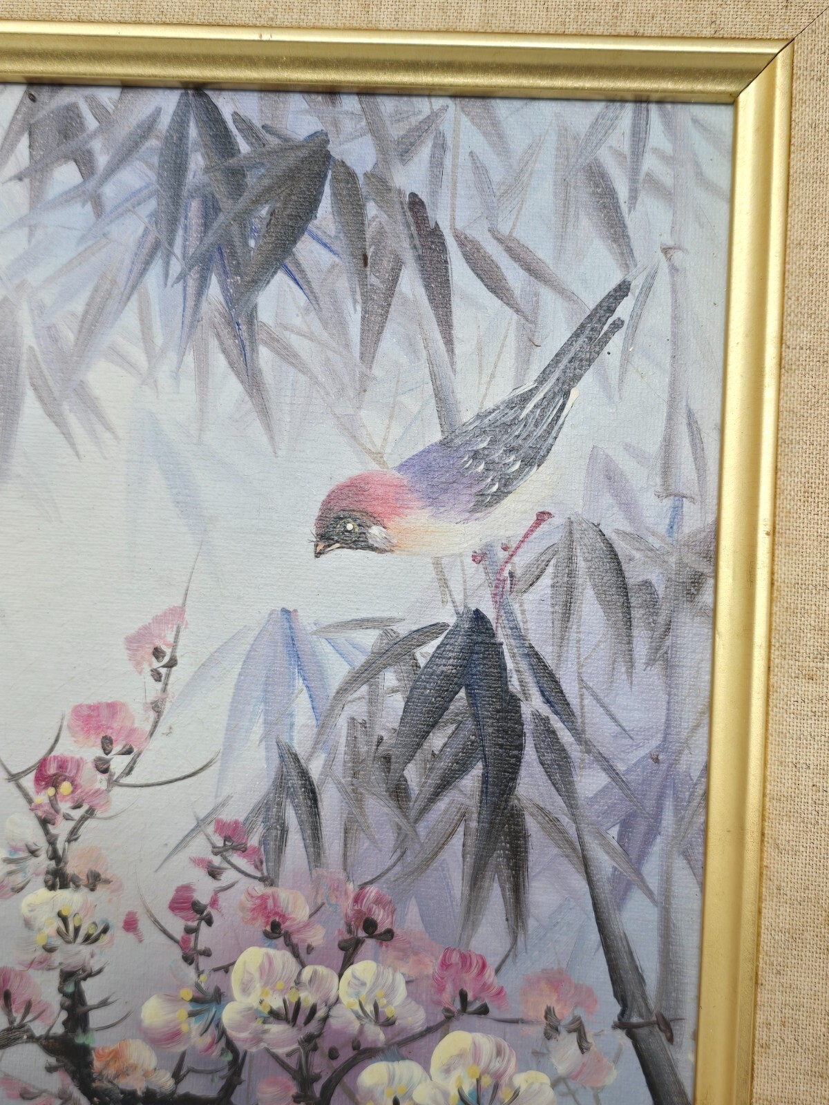 Oriental Vintage Oil painting Bird & Flower Blossom Signed Bamboo Style Frame