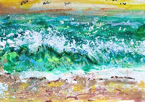 ORIGINAL ACEO Painting OCEAN Beach Waves Birds Sunset Summer Shore Sea ATC ART