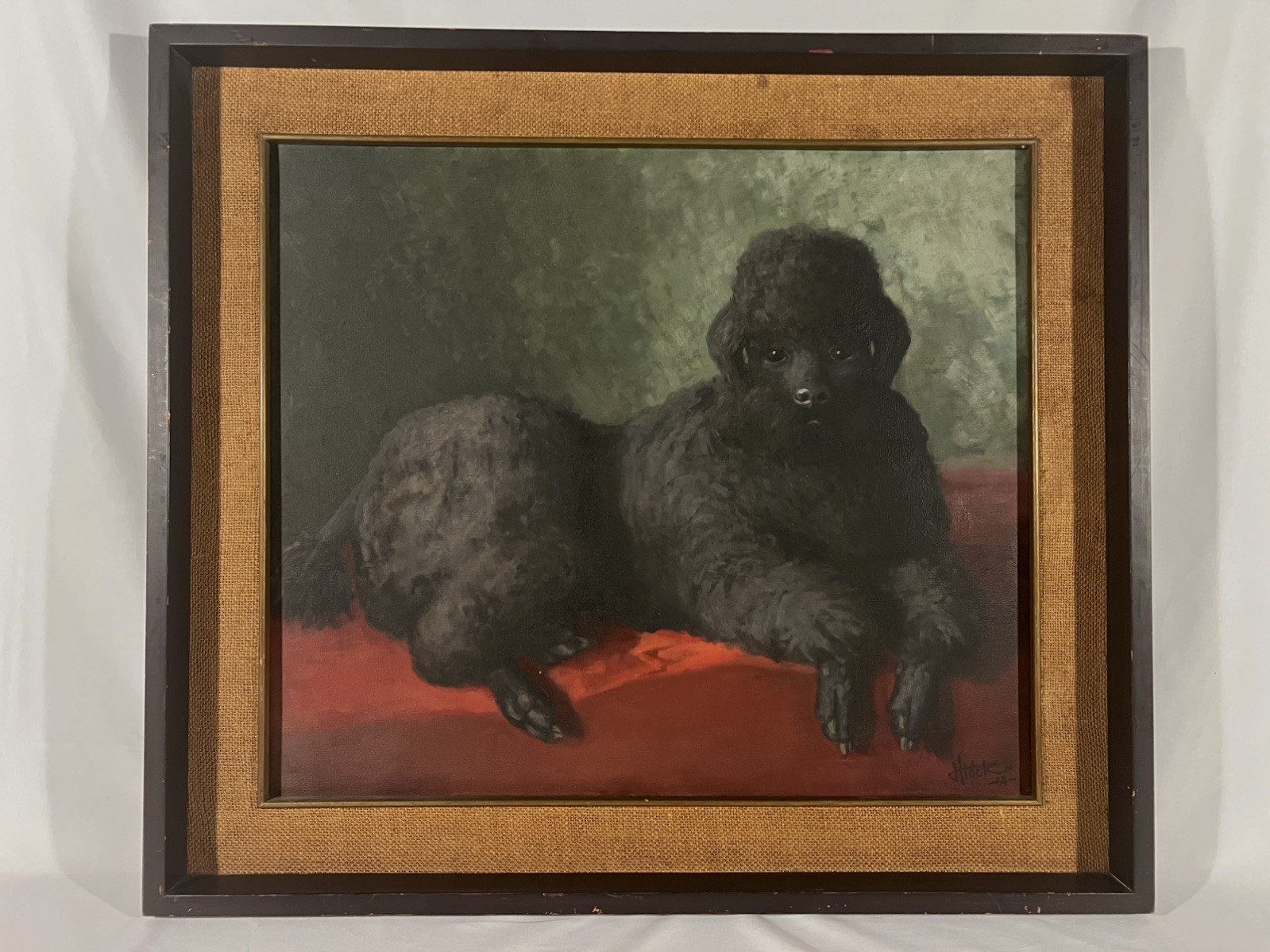 1964 Japanese Vintage Showa Master Realist Black Poodle Dog Oil Painting