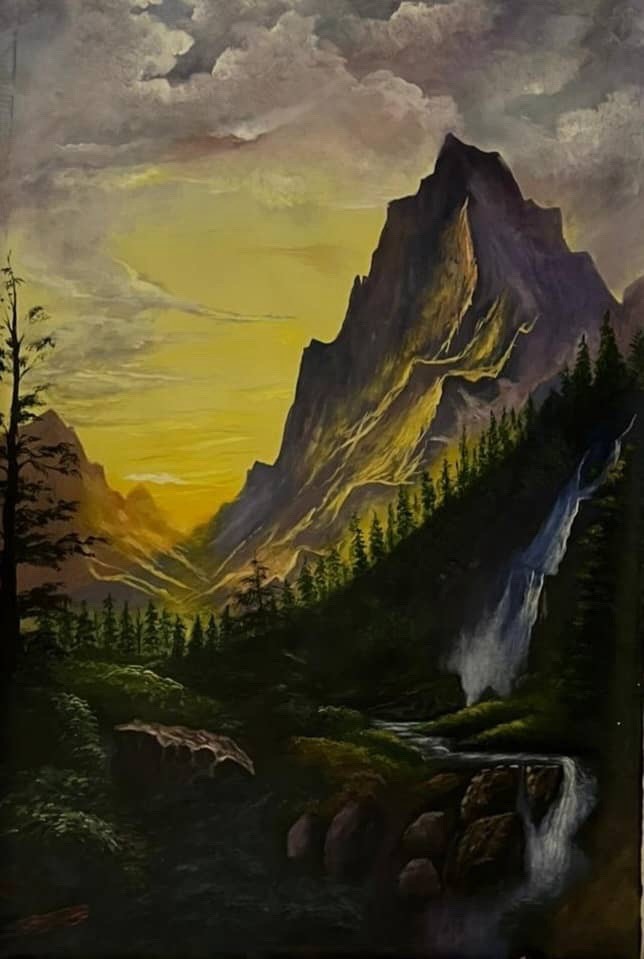 Realism Mountain Landscape Oil Painting with Waterfall & Sunset on Canvas