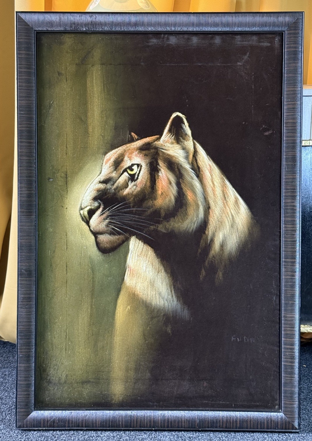 Large Framed Velvet Painting Of Cougar Tiger Big Cat Signed 26×38 In