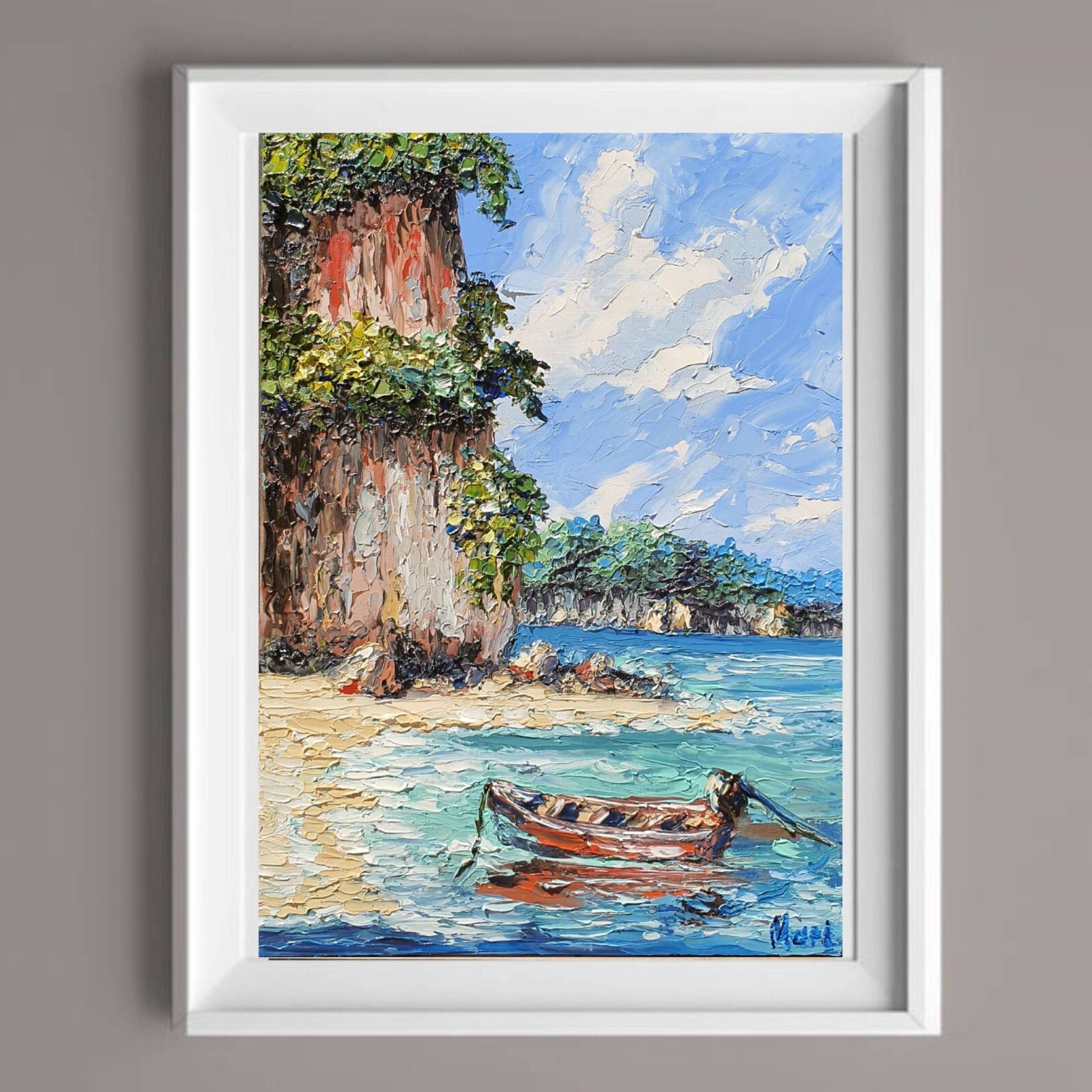Tropical Cove Seascape Boat Painting Original Wall Art Ocean Landscape 8×12 In