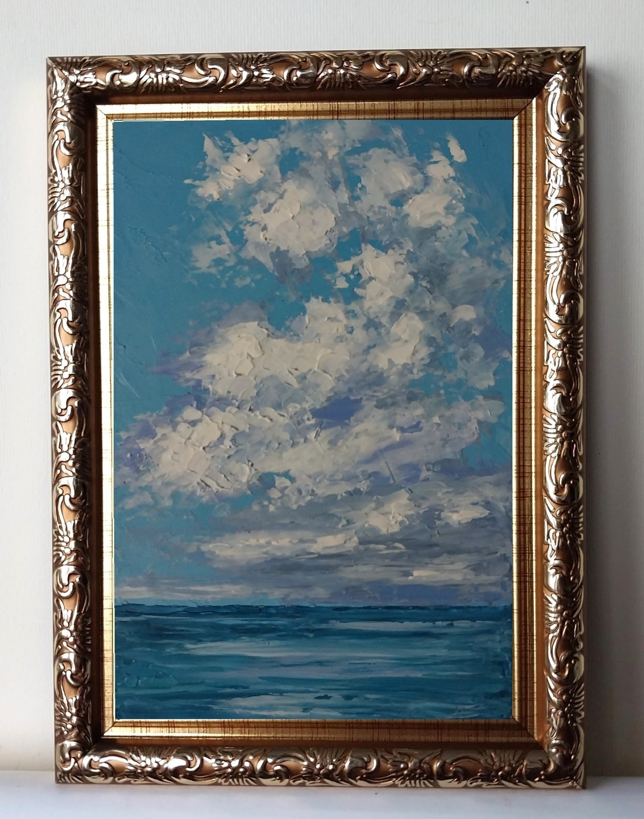 Framed Calm Cloud Art Mini Seascape Cloud Over Sea 4×6″ Original Oil Painting