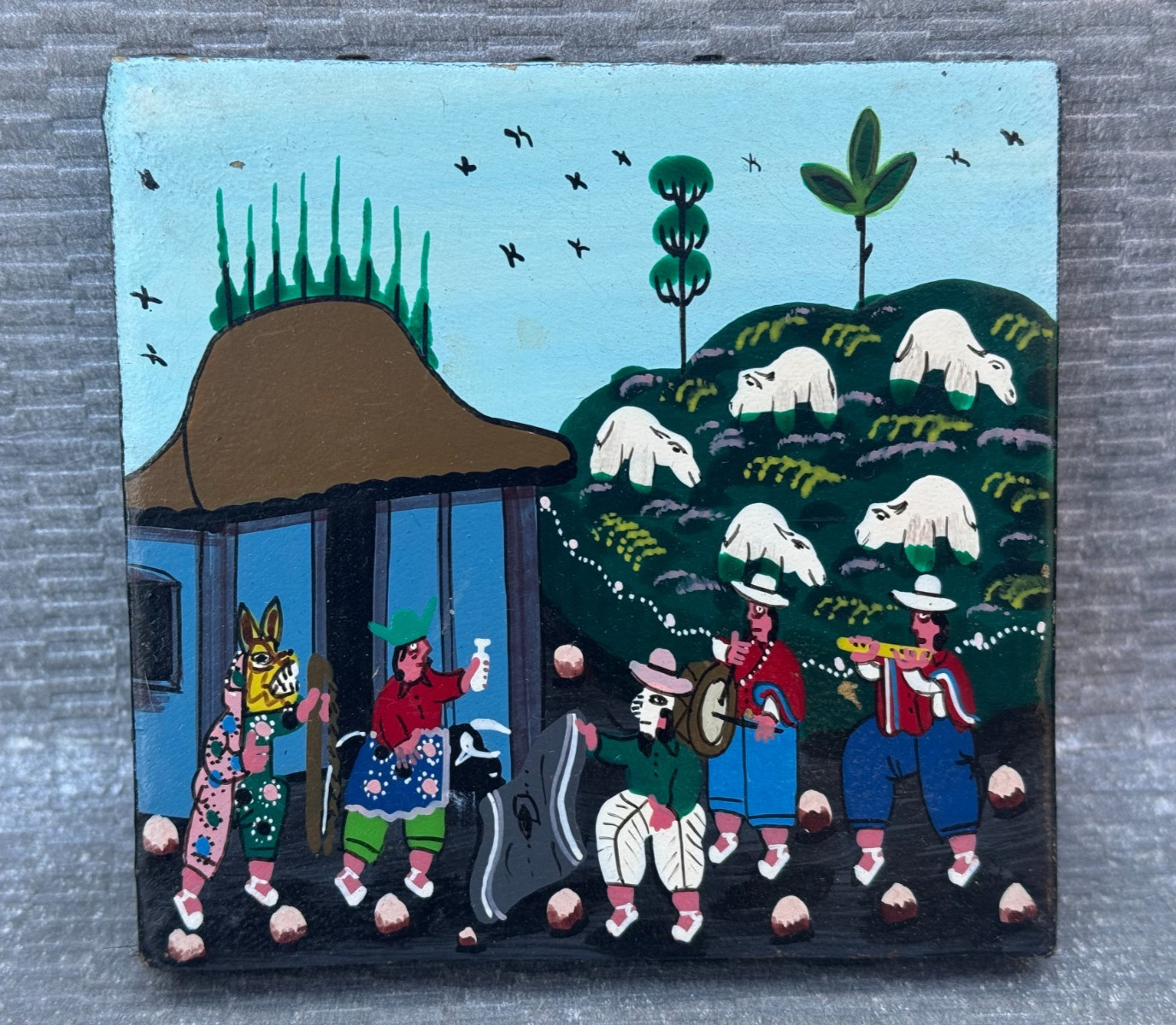 2 ALBERTO RICARDO VEGA ORIGINAL TIGUA PAINTING PERU PERUVIAN FOLK ART ON LEATHER