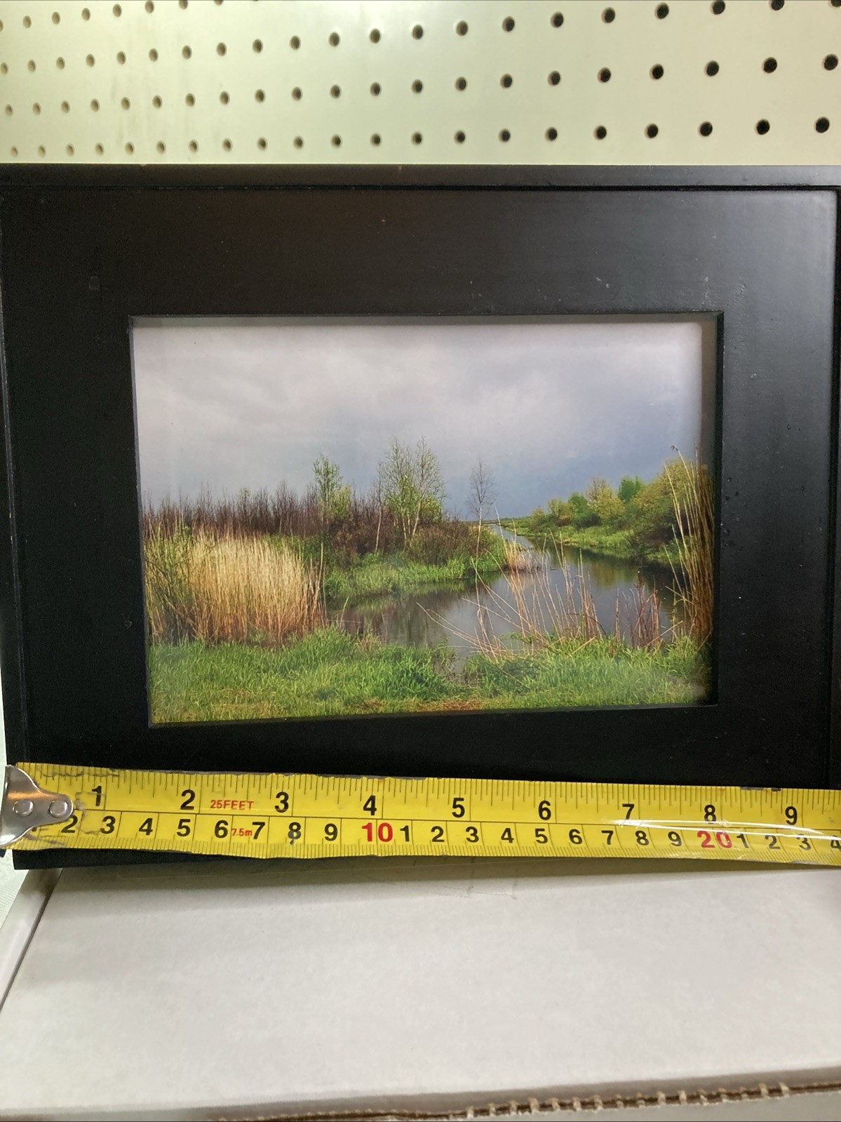 Framed Landscape Photo Of Marsh Stream Grasses Reeds Trees Green-Yellow-Blue Hue