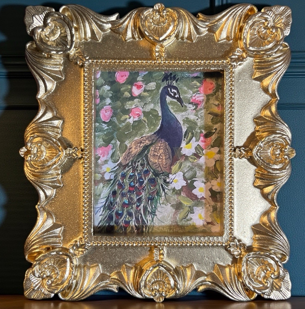 Peacock mini bird print of painting in gold vintage style ornate frame