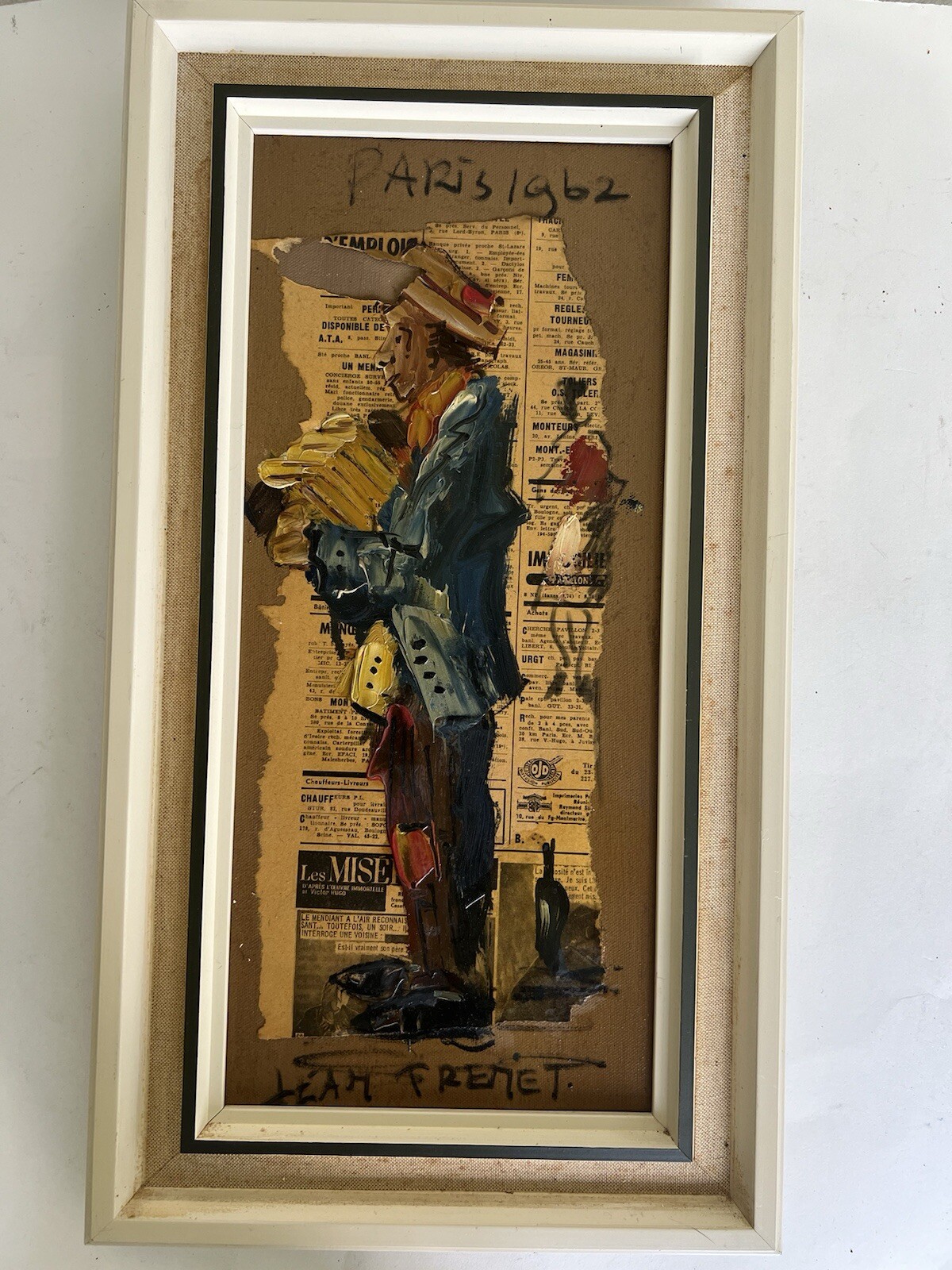 VTG 1962 Paris Jean Trenet Musician Figure Art Mix Media Oil Collage Canvas 19″