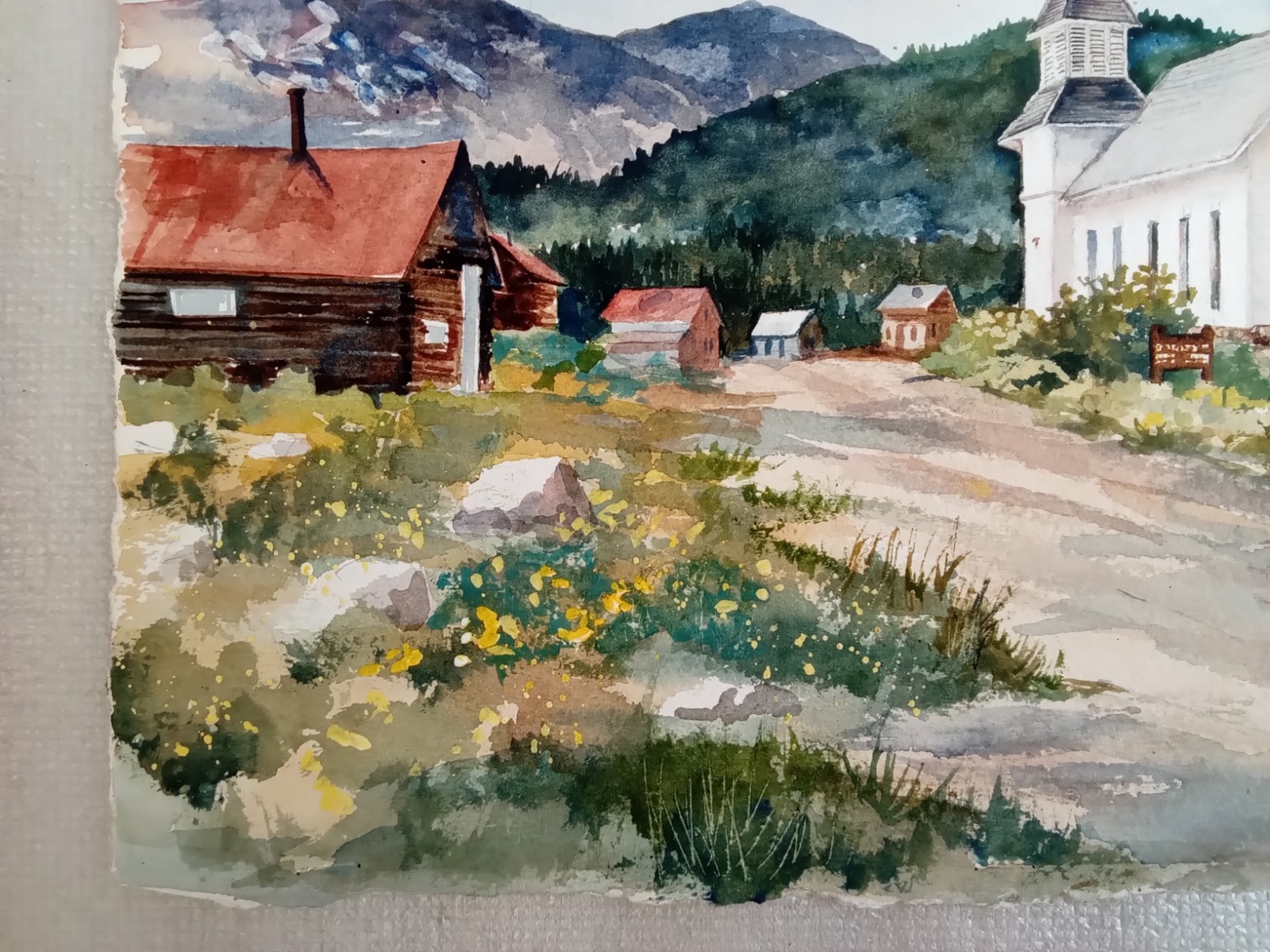 VINTAGE UNKNOWN SIGNED ORIGINAL WATERCOLOR PAINTING WESTERN LANDSCAPE TOWN CITY
