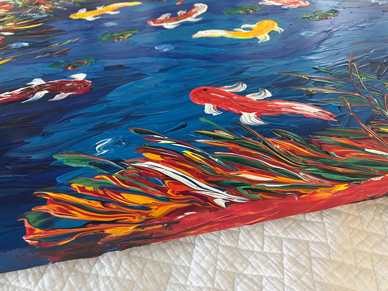 Vibrant original abstract by Michael Hall 36″x48″ Koi fish